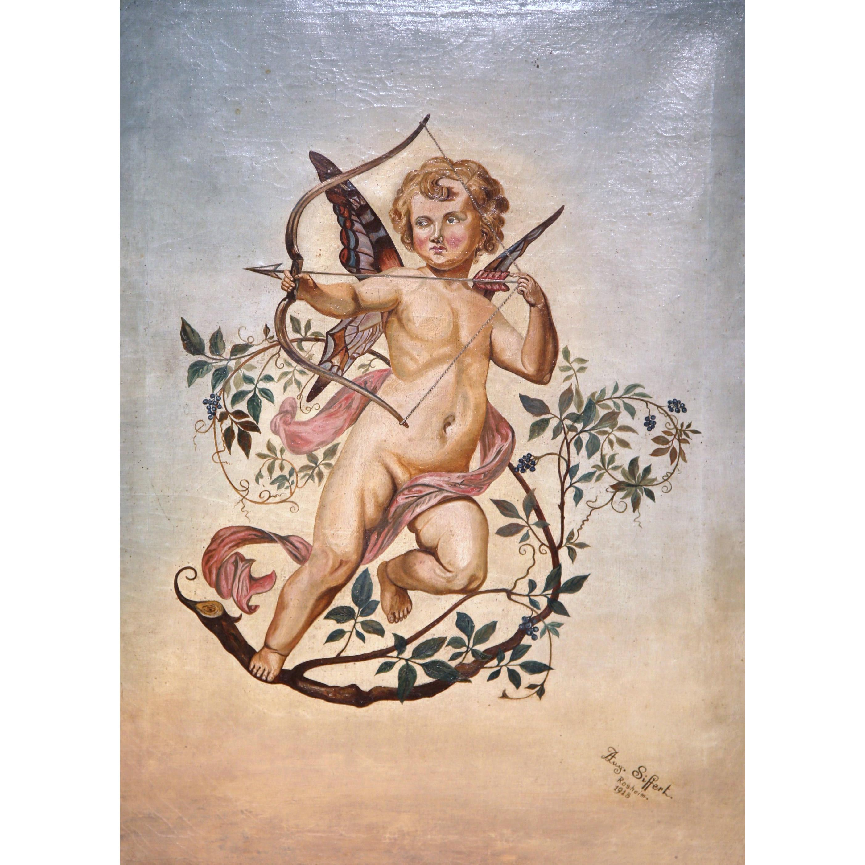 Signed and dated Siffert, 1913, the artwork depicts a stylized, flying cherub standing on a branch while shooting his bow and arrow. As the Classic story goes, cherub and cupid figures shoot arrows to strike unknowing people and have them fall in