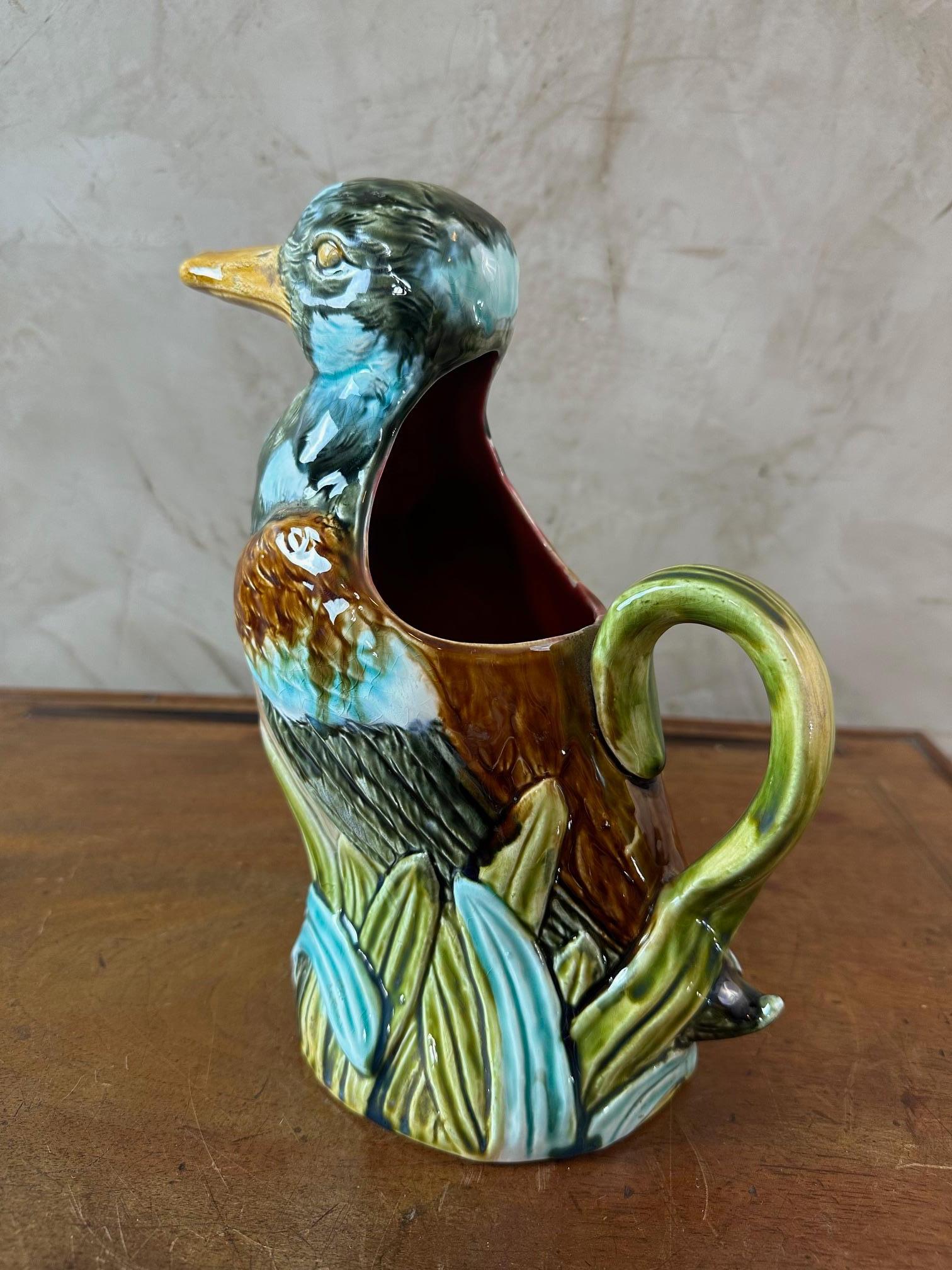 Early 20th century French Onnaing Barbotine Duck Pitcher, 1900s For Sale 1