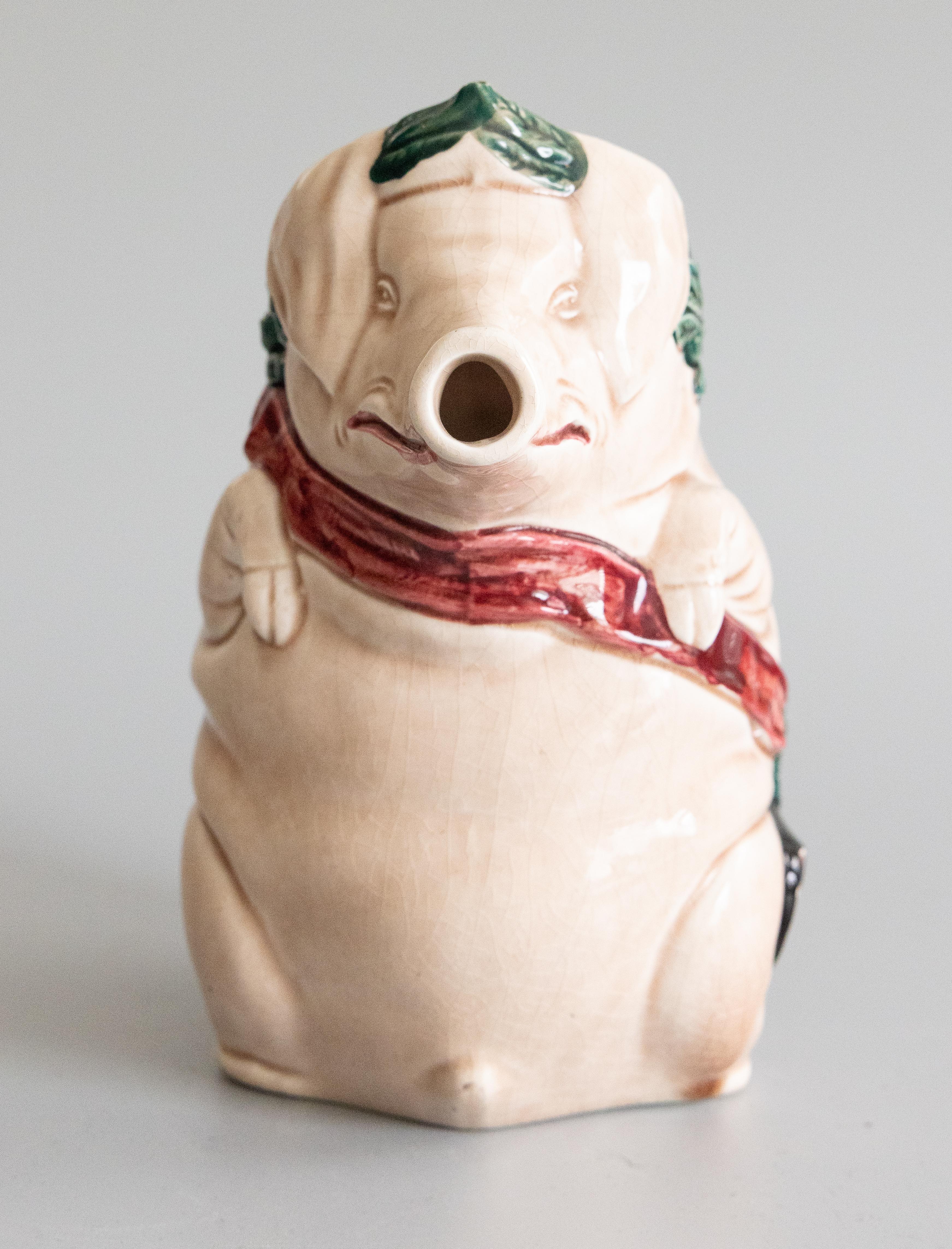Hand-Painted Early 20th Century French Orchies Majolica Pig Pitcher For Sale