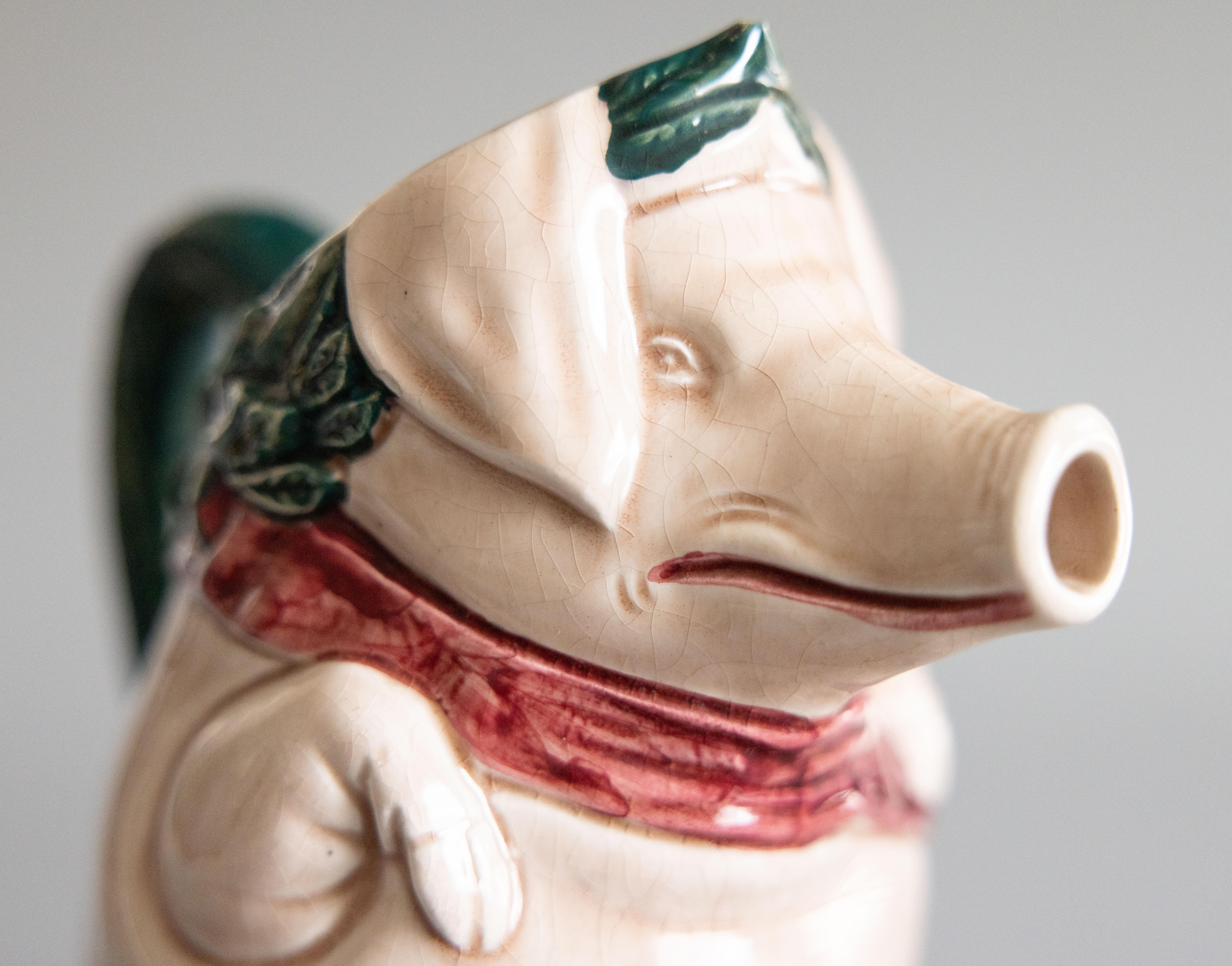 Early 20th Century French Orchies Majolica Pig Pitcher For Sale 1