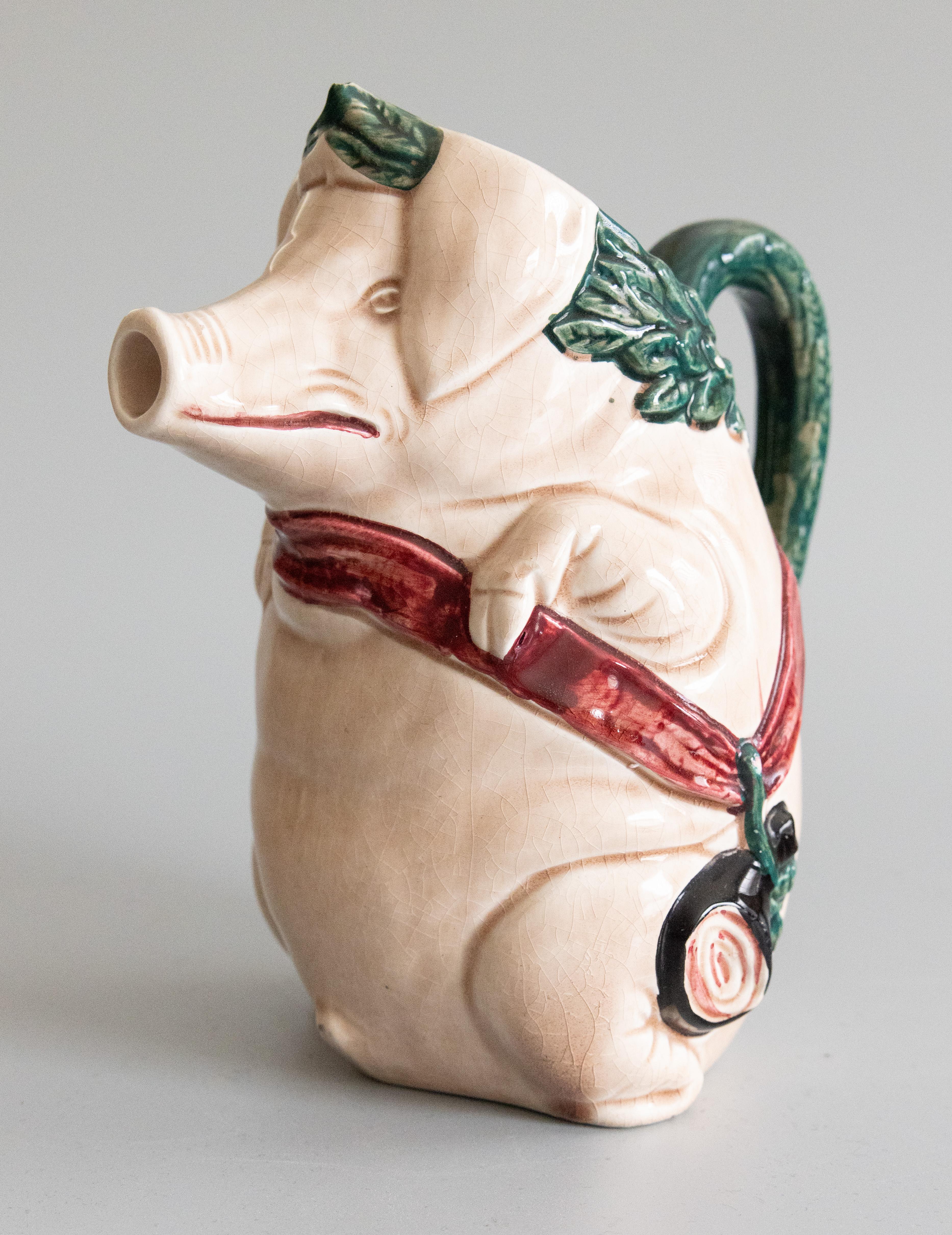 Early 20th Century French Orchies Majolica Pig Pitcher For Sale 3