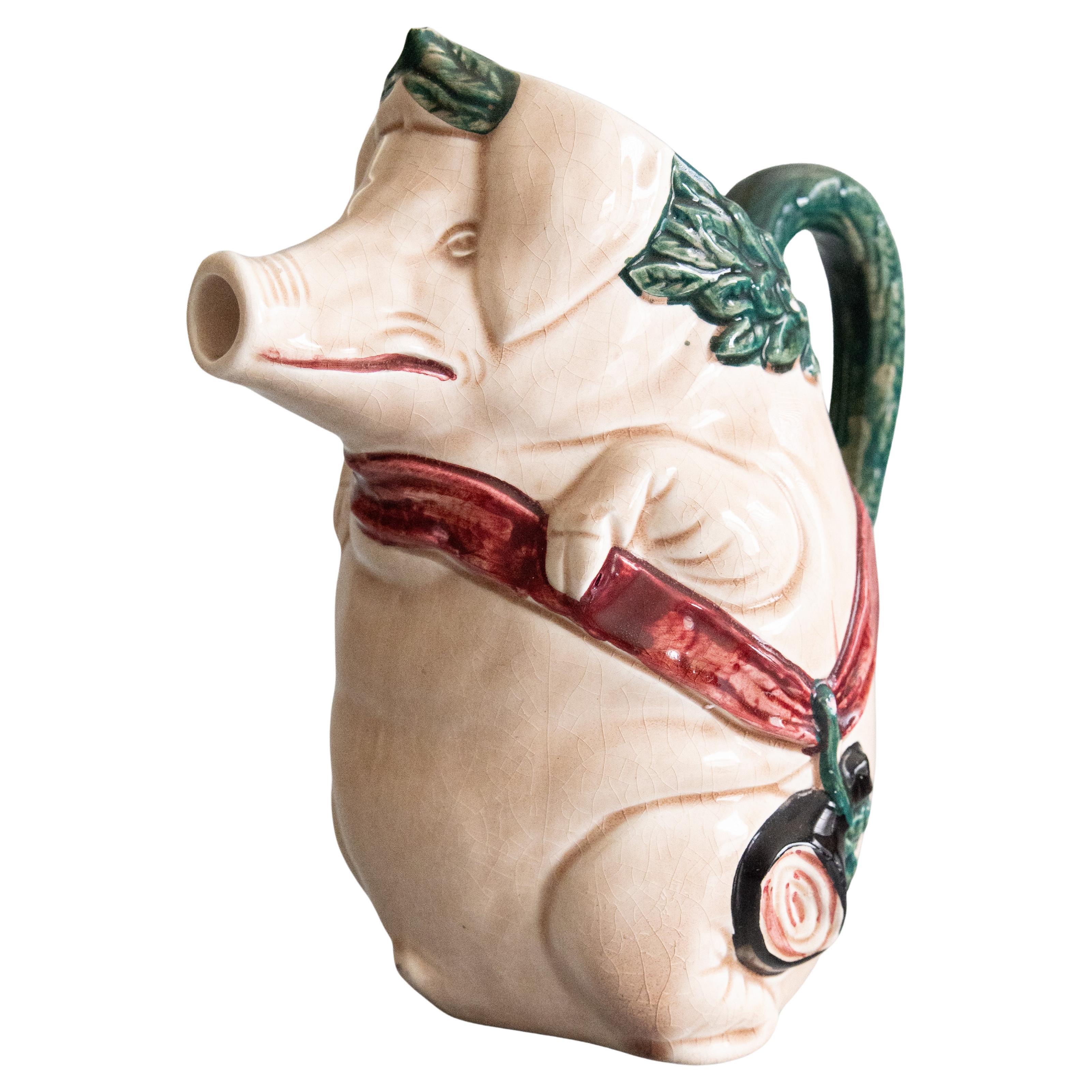 Early 20th Century French Orchies Majolica Pig Pitcher For Sale