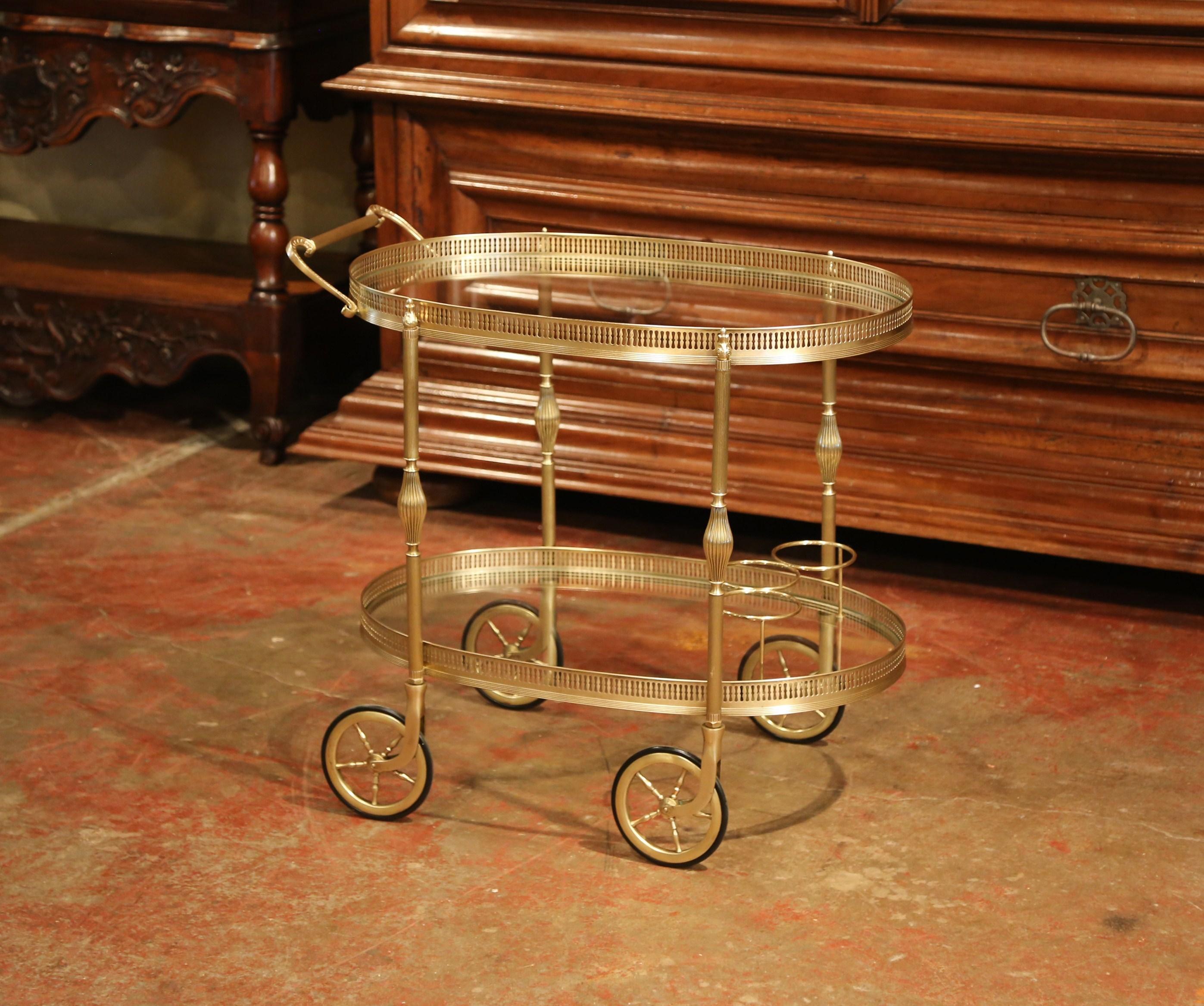 Art Deco Early 20th Century French Oval Brass Desert Table or Bar Cart on Wheels