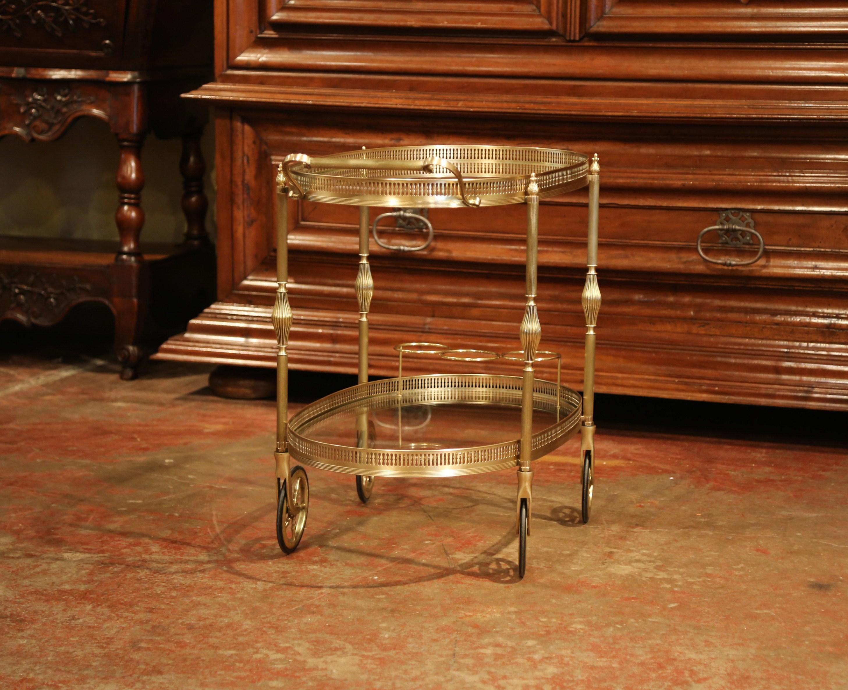 Hand-Crafted Early 20th Century French Oval Brass Desert Table or Bar Cart on Wheels