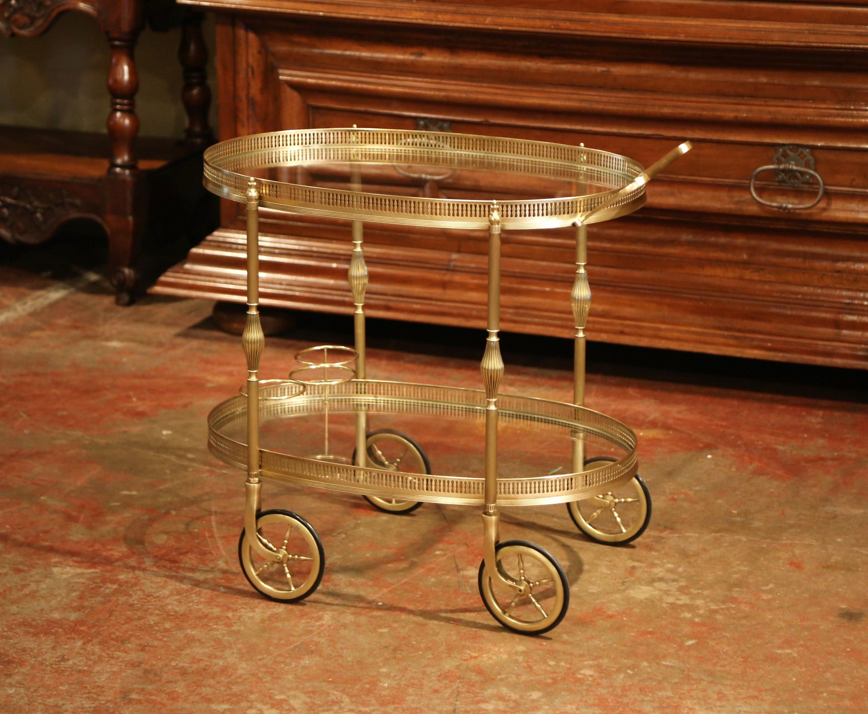 Early 20th Century French Oval Brass Desert Table or Bar Cart on Wheels In Excellent Condition In Dallas, TX