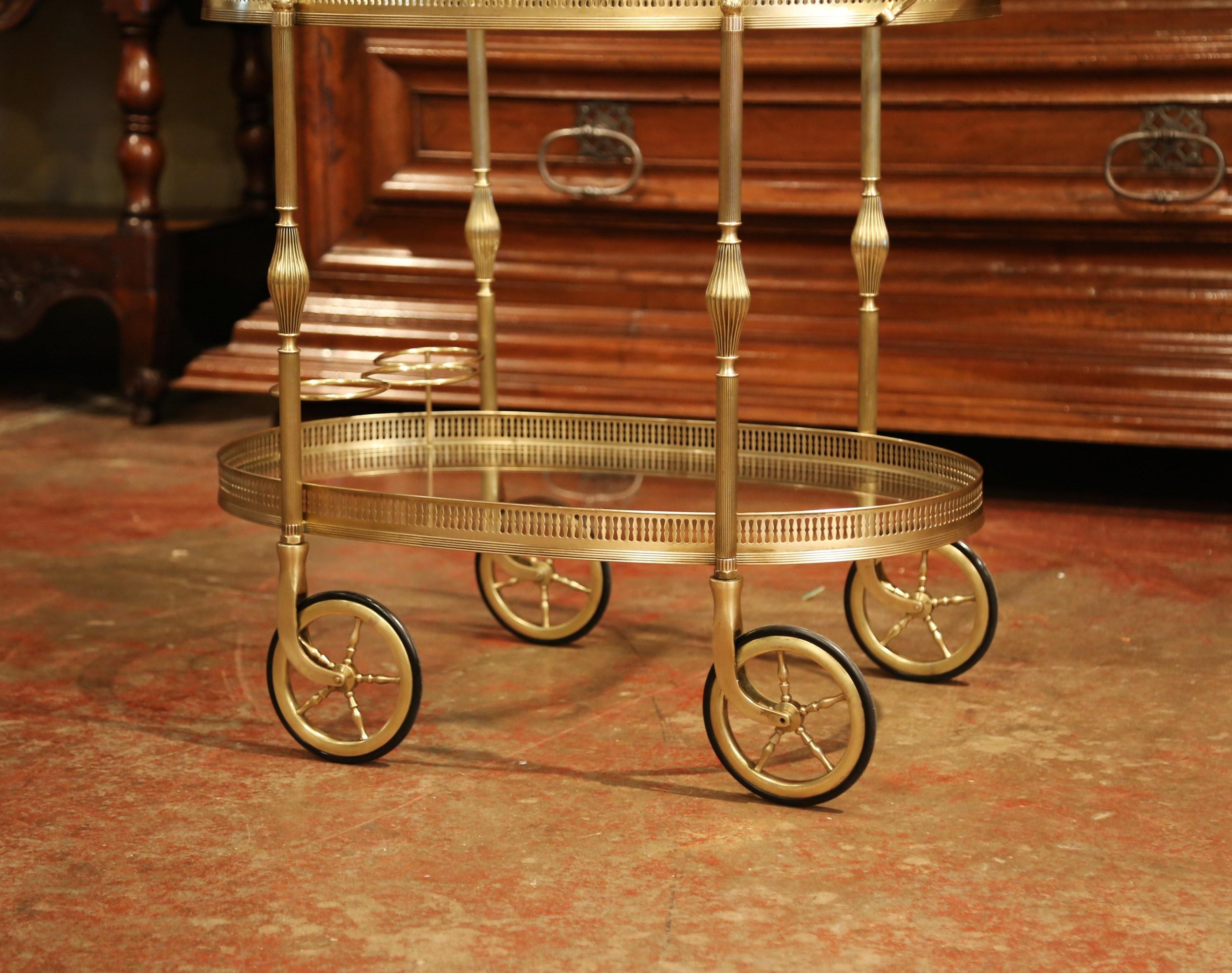 Early 20th Century French Oval Brass Desert Table or Bar Cart on Wheels 1