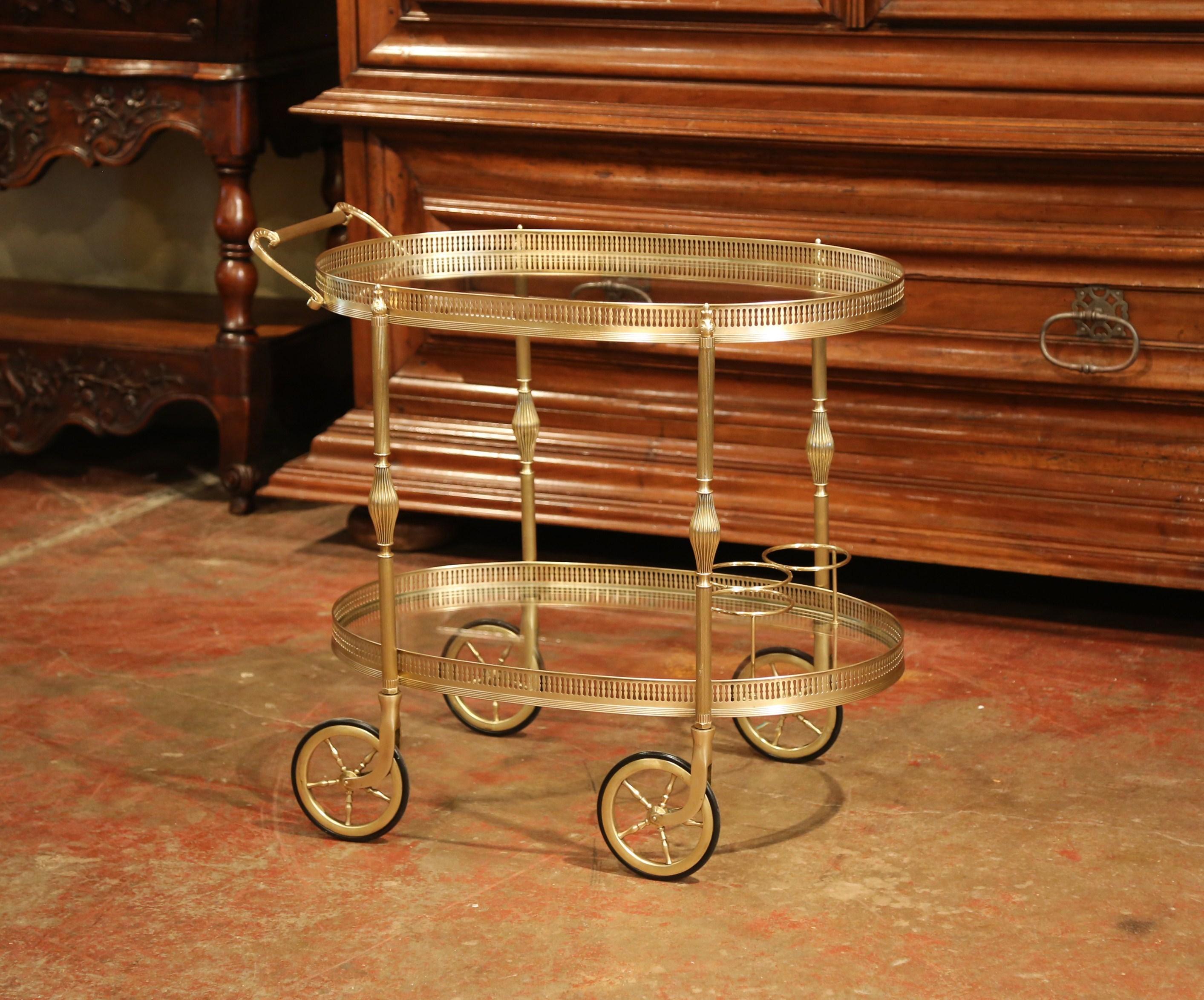 Early 20th Century French Oval Brass Desert Table or Bar Cart on Wheels 2