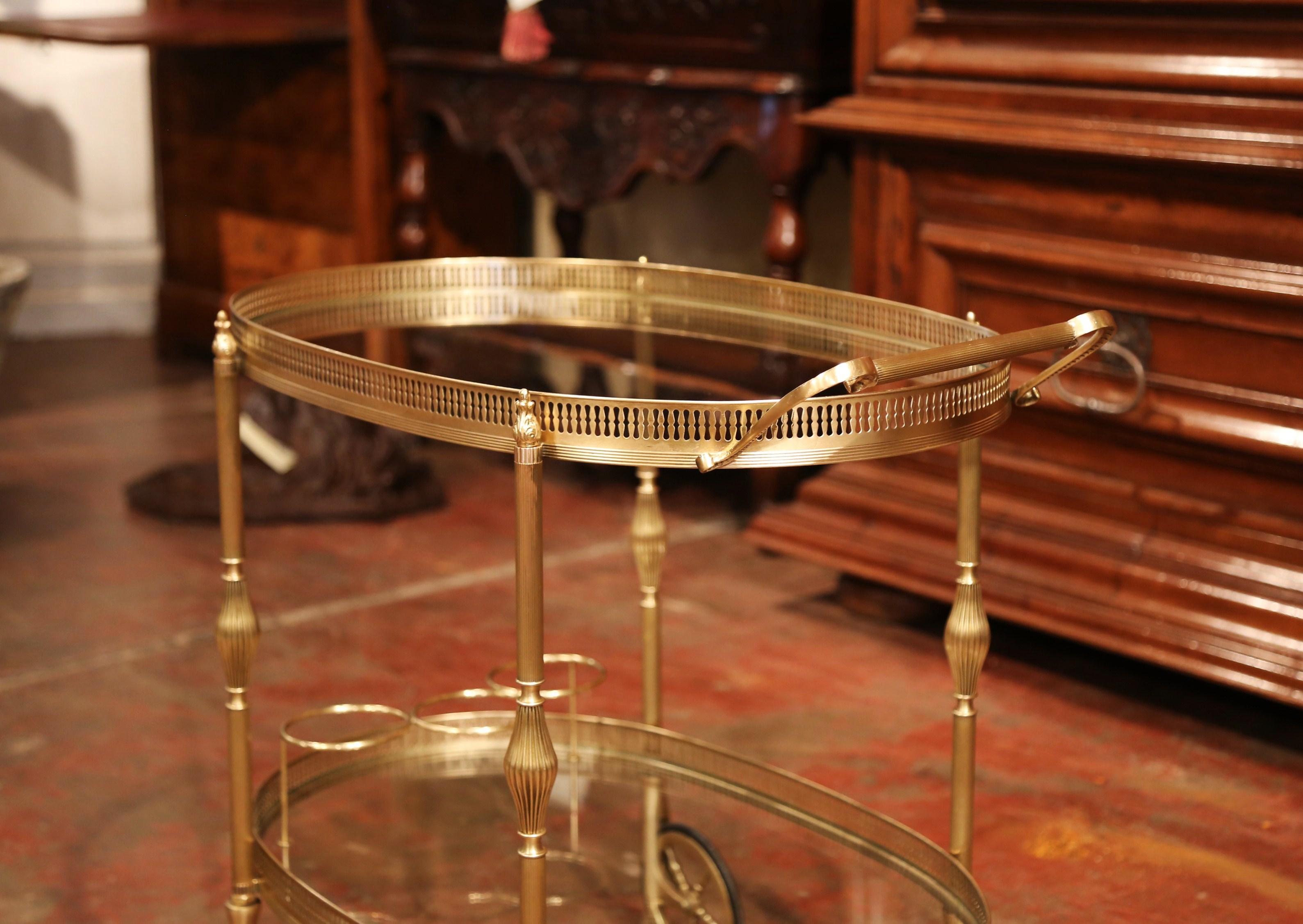 Early 20th Century French Oval Brass Desert Table or Bar Cart on Wheels 3