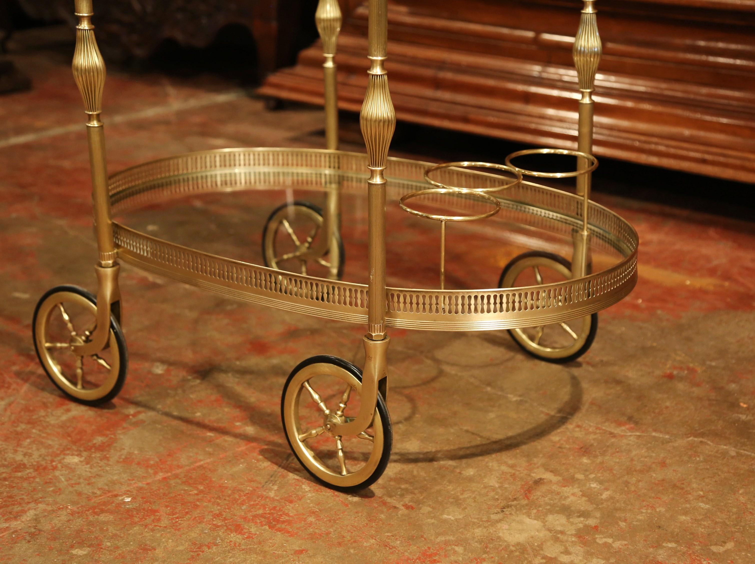 Early 20th Century French Oval Brass Desert Table or Bar Cart on Wheels 4
