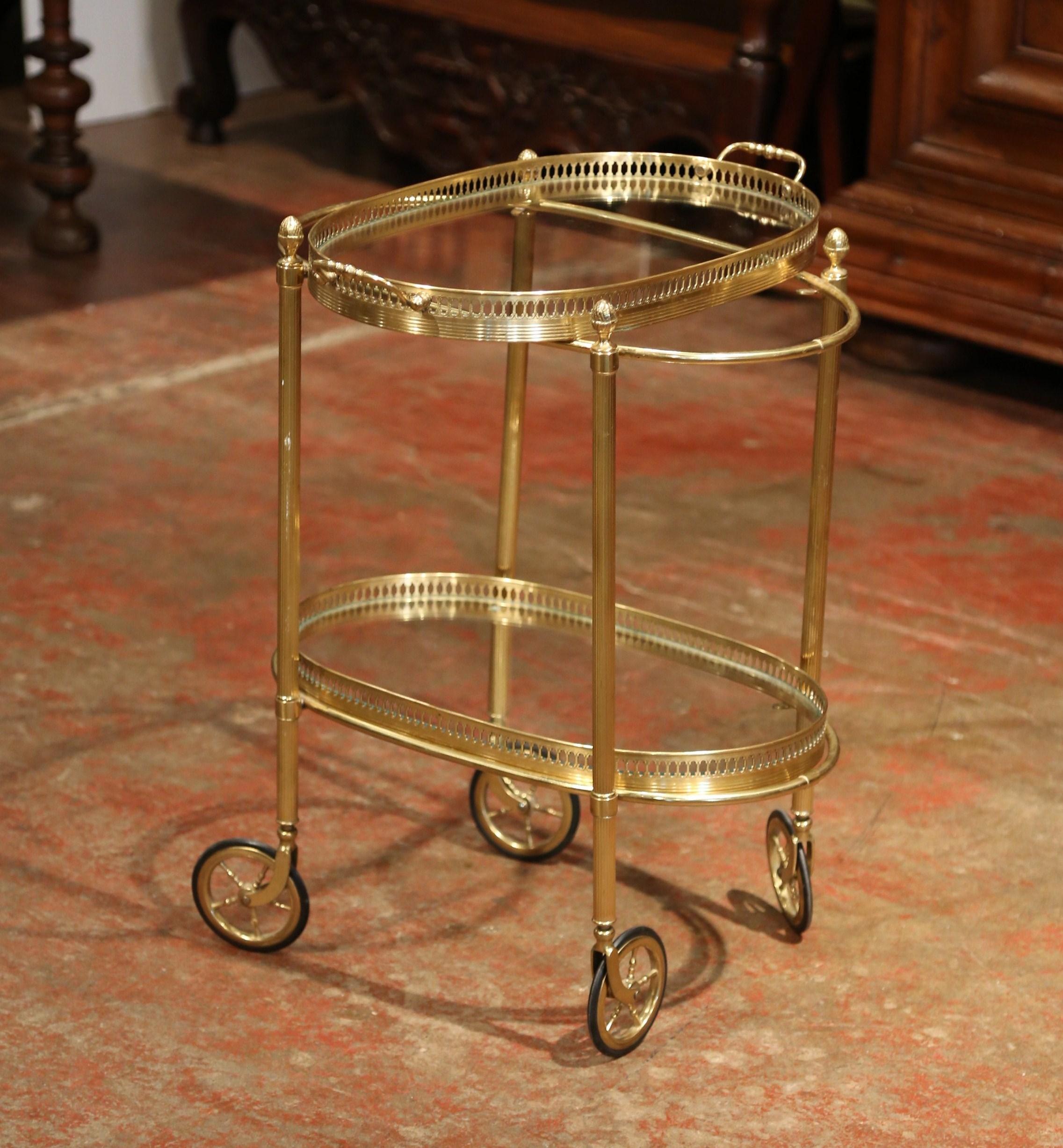 Art Deco Early 20th Century, French Oval Brass Dessert Table or Bar Cart on Wheels