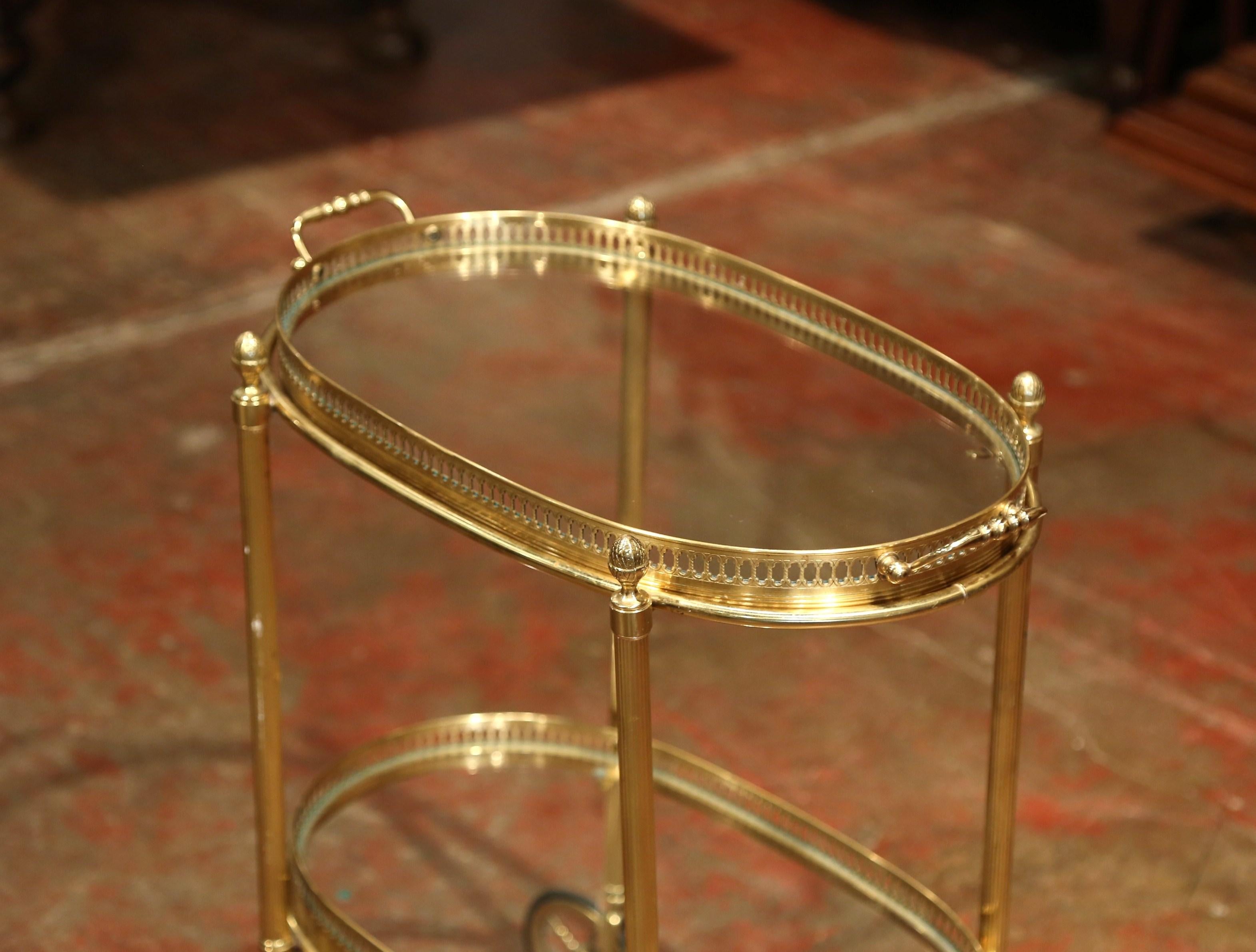 Hand-Crafted Early 20th Century, French Oval Brass Dessert Table or Bar Cart on Wheels
