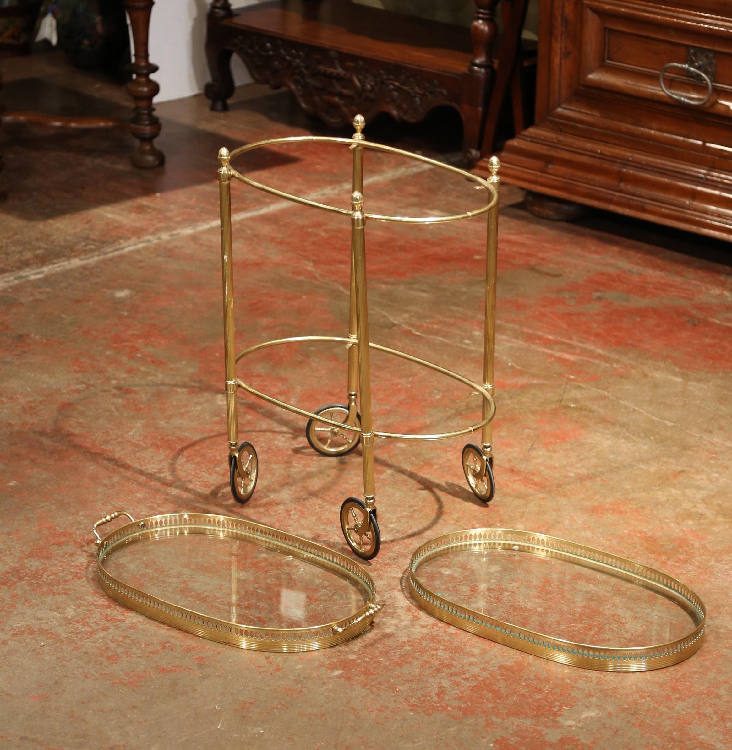 Early 20th Century, French Oval Brass Dessert Table or Bar Cart on Wheels In Excellent Condition In Dallas, TX