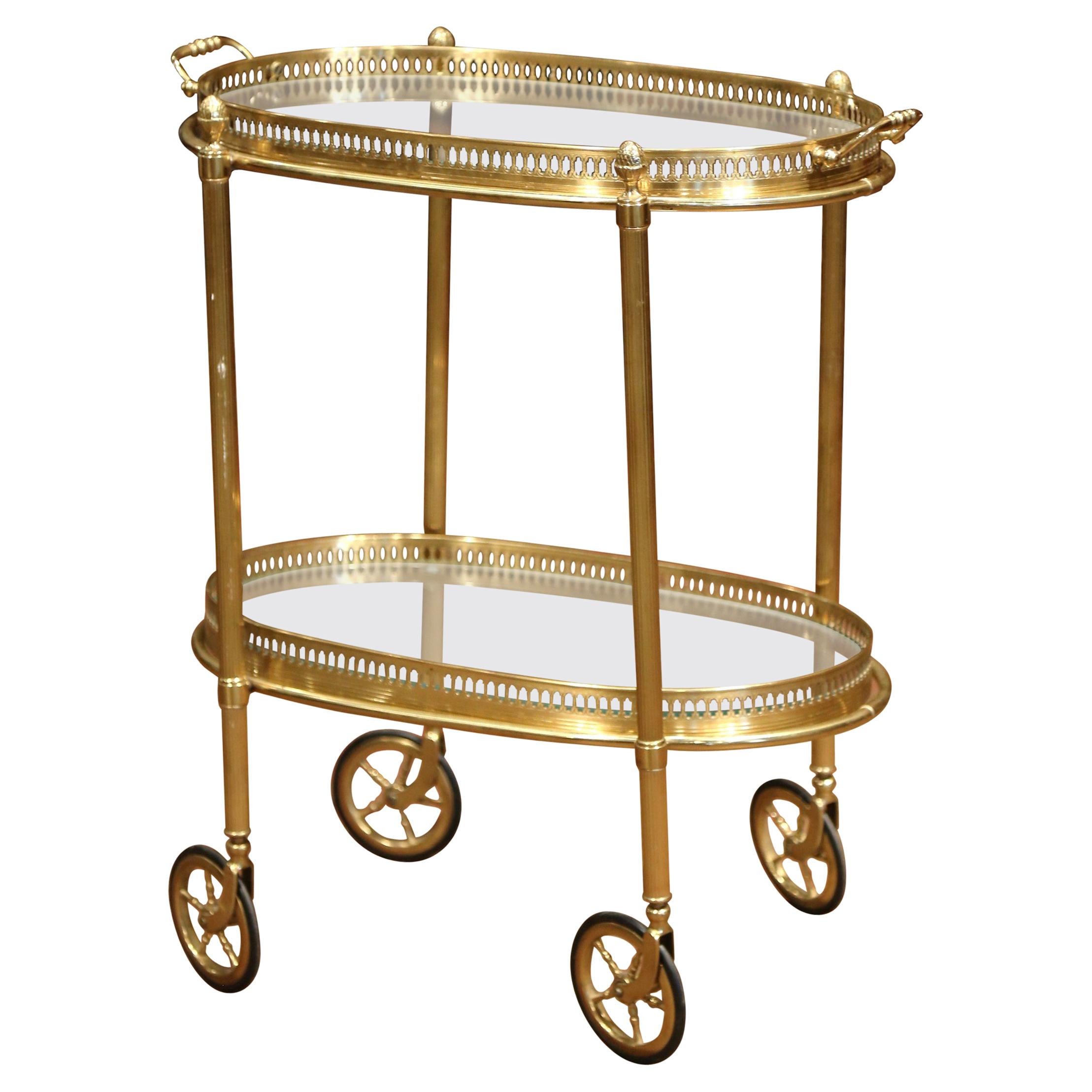 Early 20th Century, French Oval Brass Dessert Table or Bar Cart on Wheels