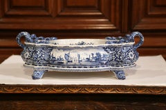 Early 20th Century French Oval Hand-Painted Blue & White Jardinière Delft Style