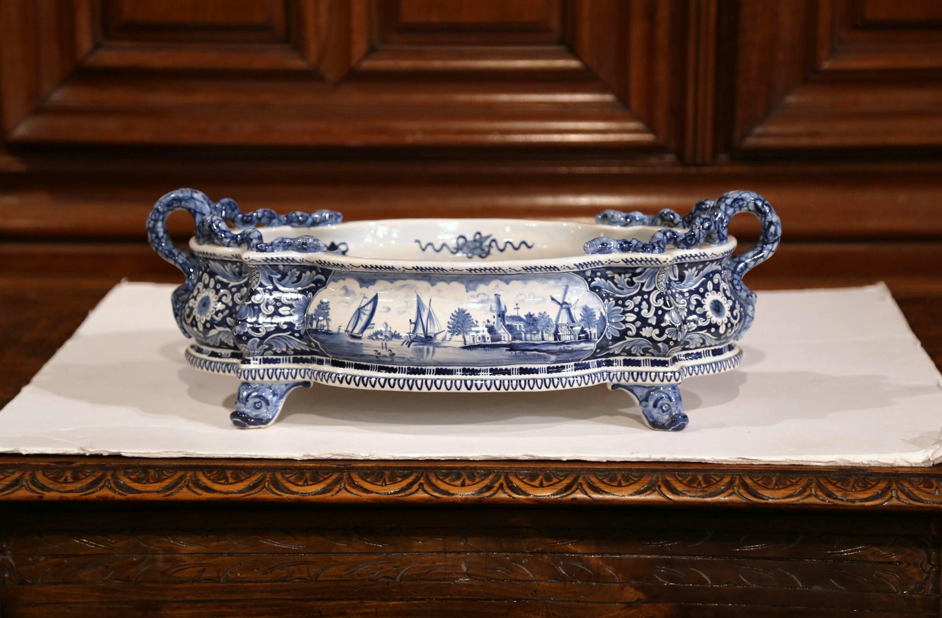oval blue and white planter