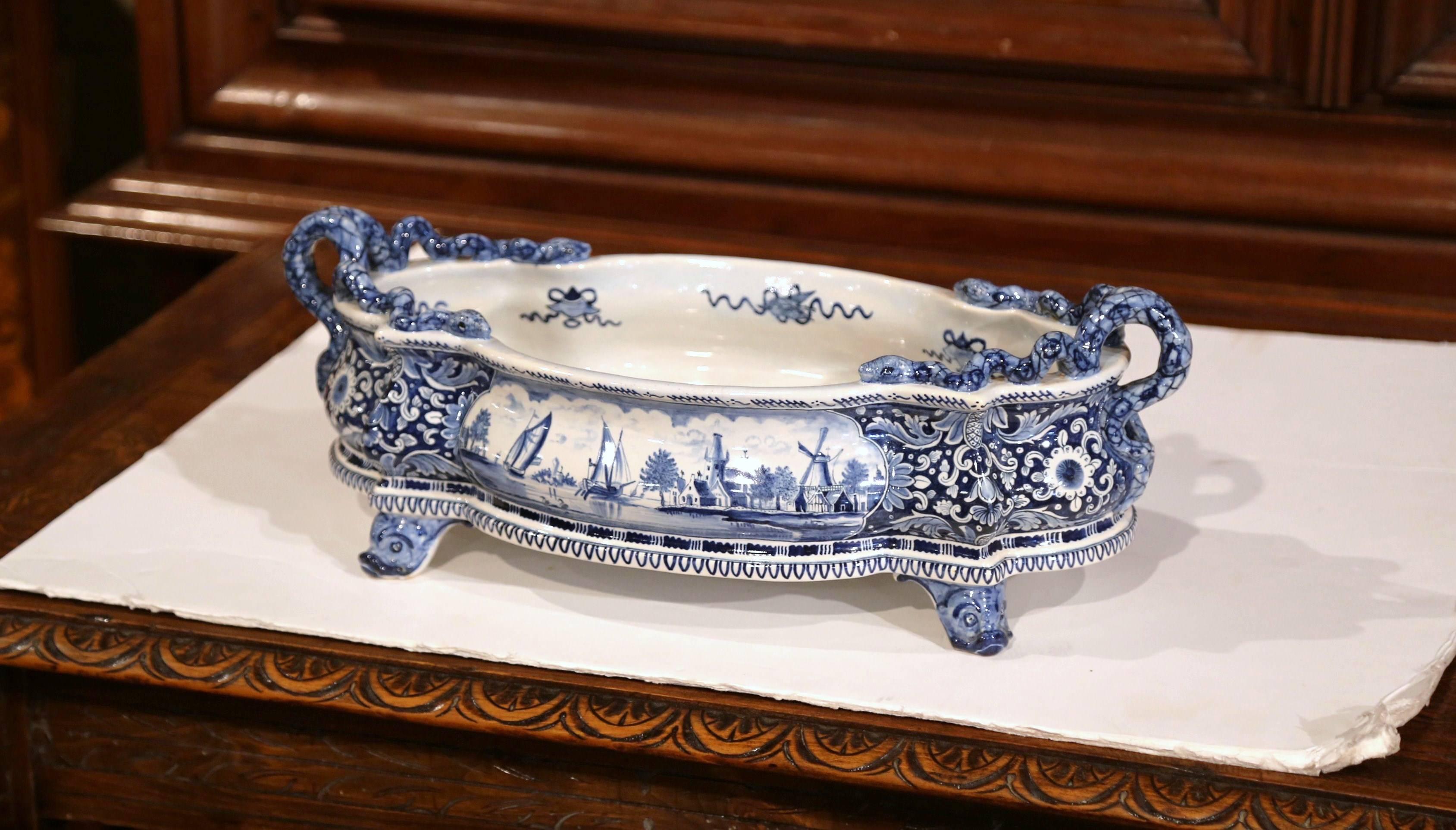 blue and white oval planter