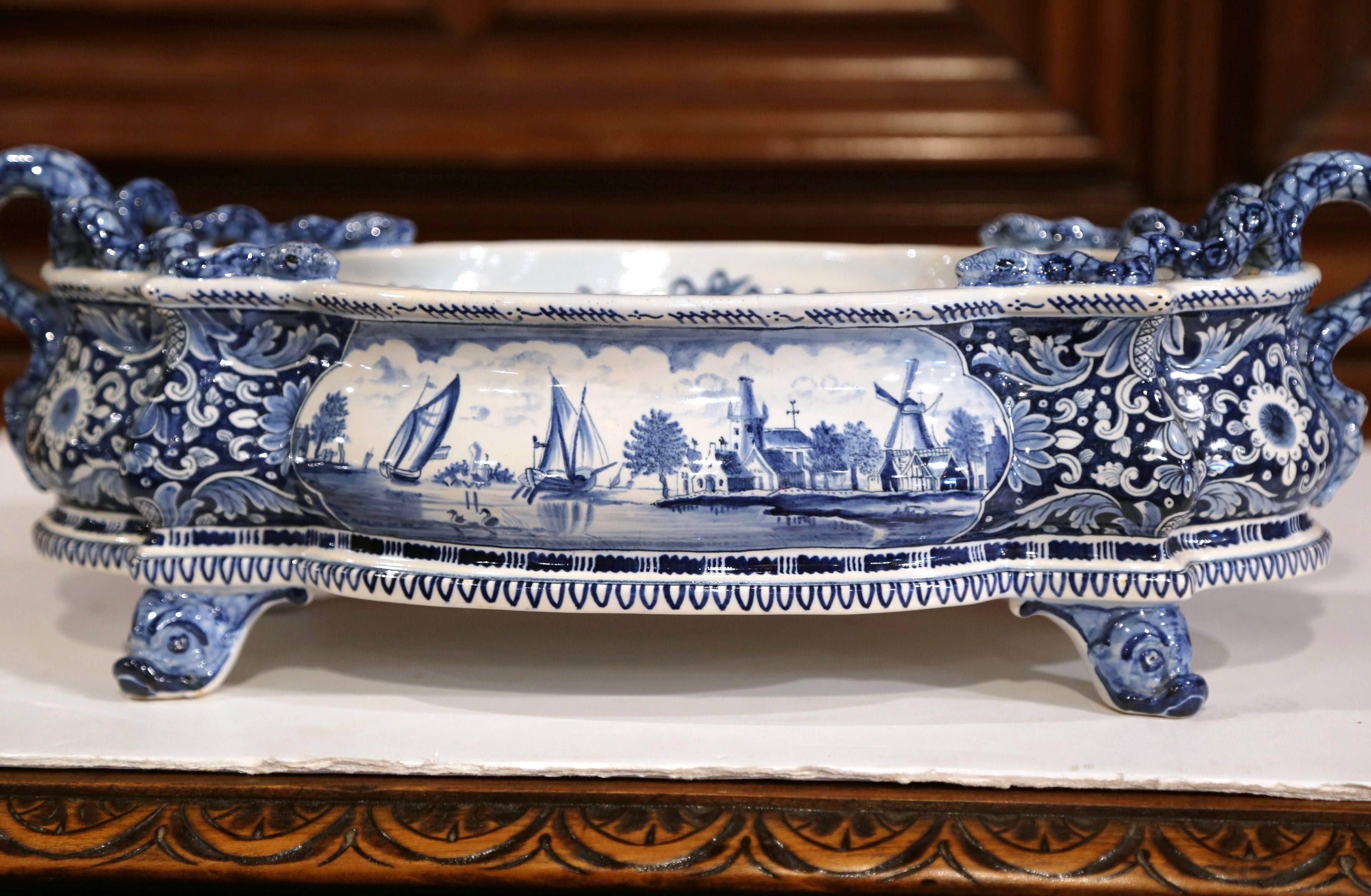 Faience Early 20th Century French Oval Hand-Painted Blue & White Jardinière Delft Style