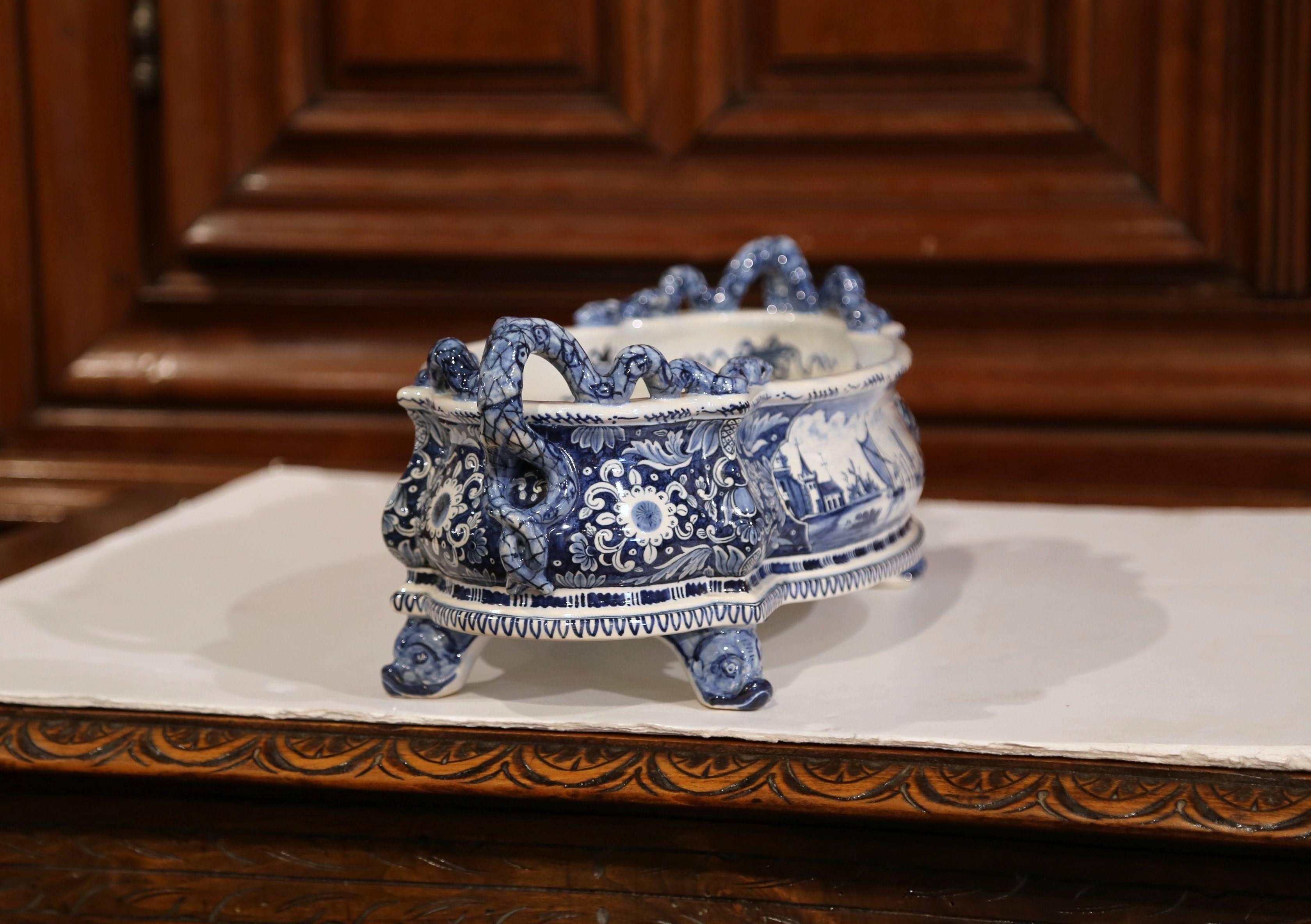 Early 20th Century French Oval Hand-Painted Blue & White Jardinière Delft Style 1