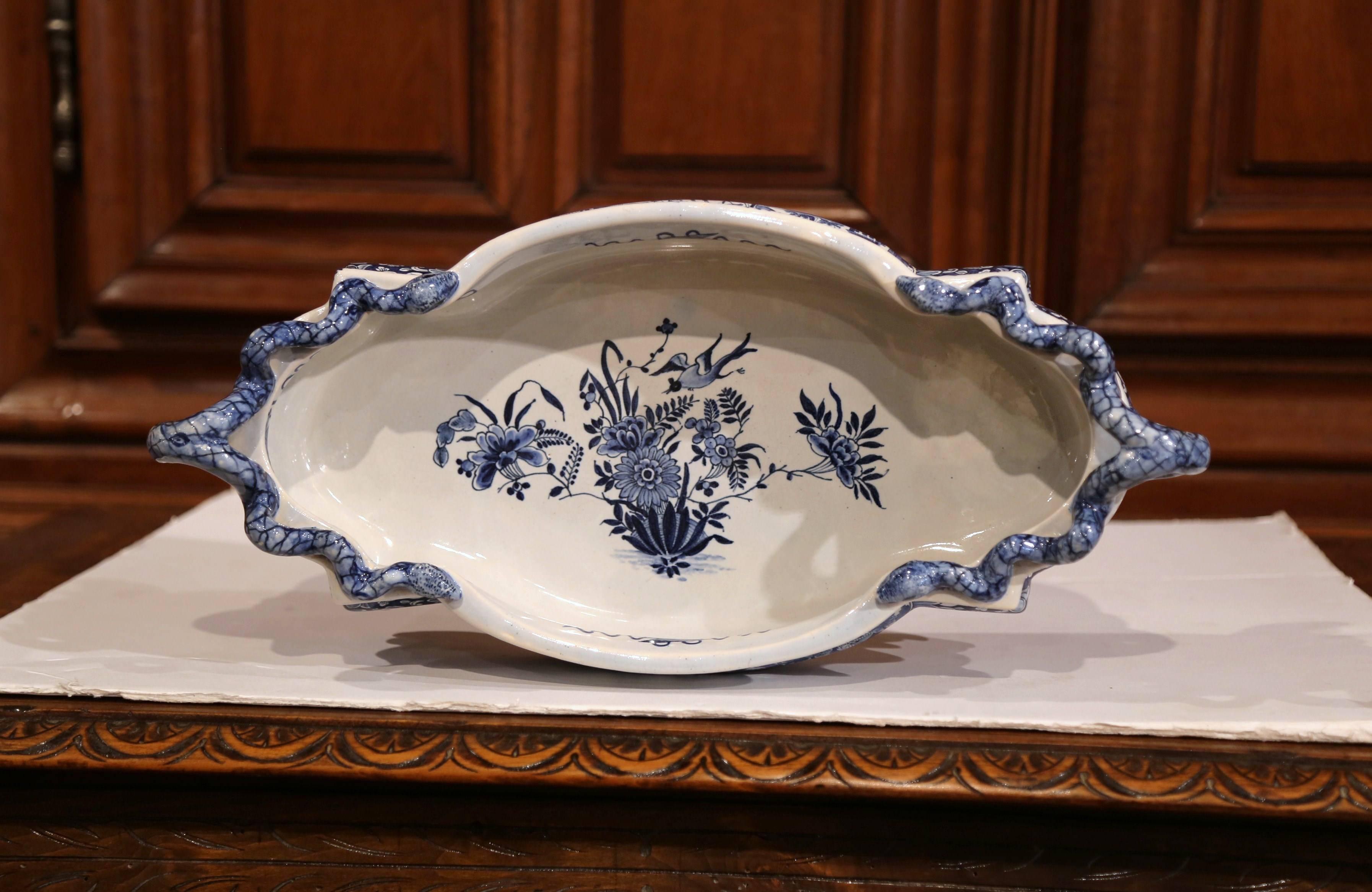 Early 20th Century French Oval Hand-Painted Blue & White Jardinière Delft Style 2
