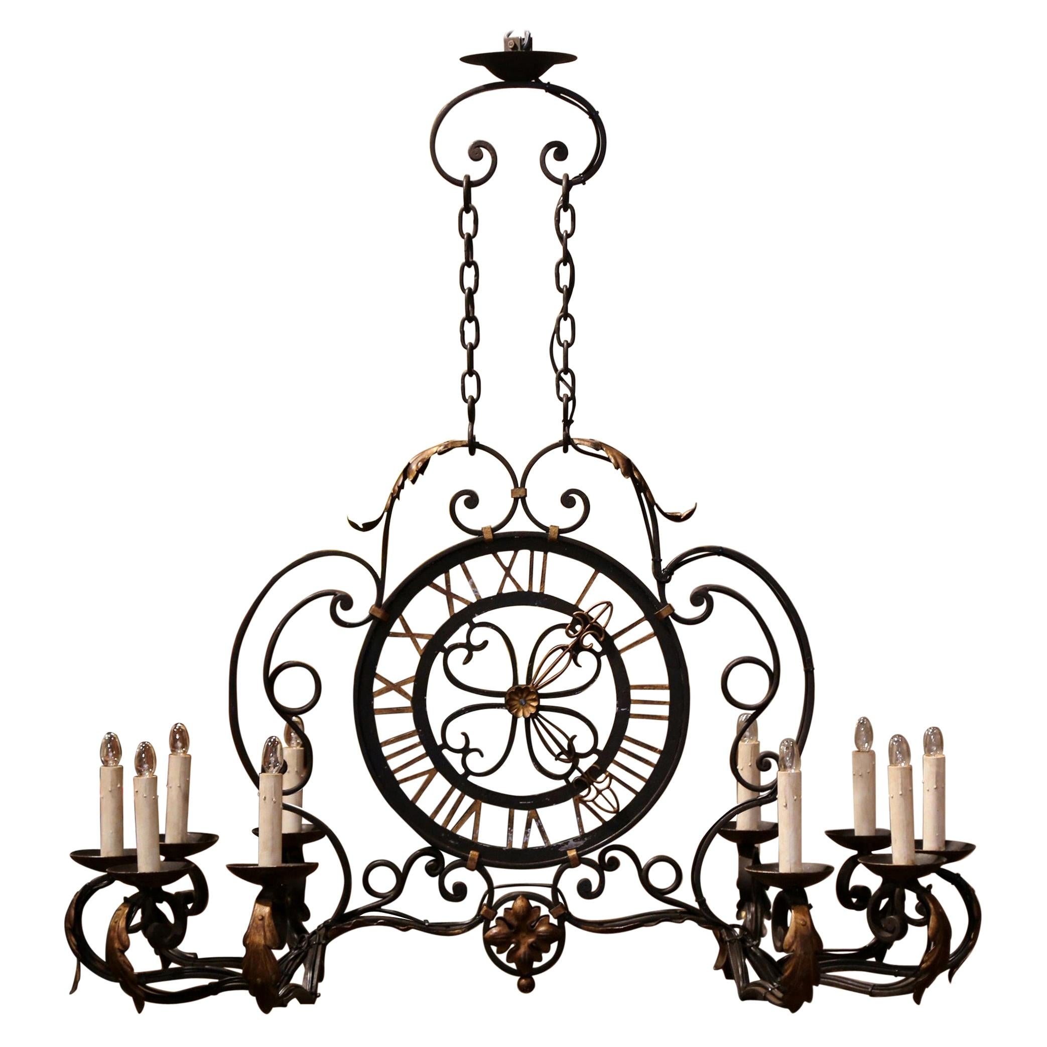 Early 20th Century French Painted and Gilt Iron Ten-Light Clock Chandelier