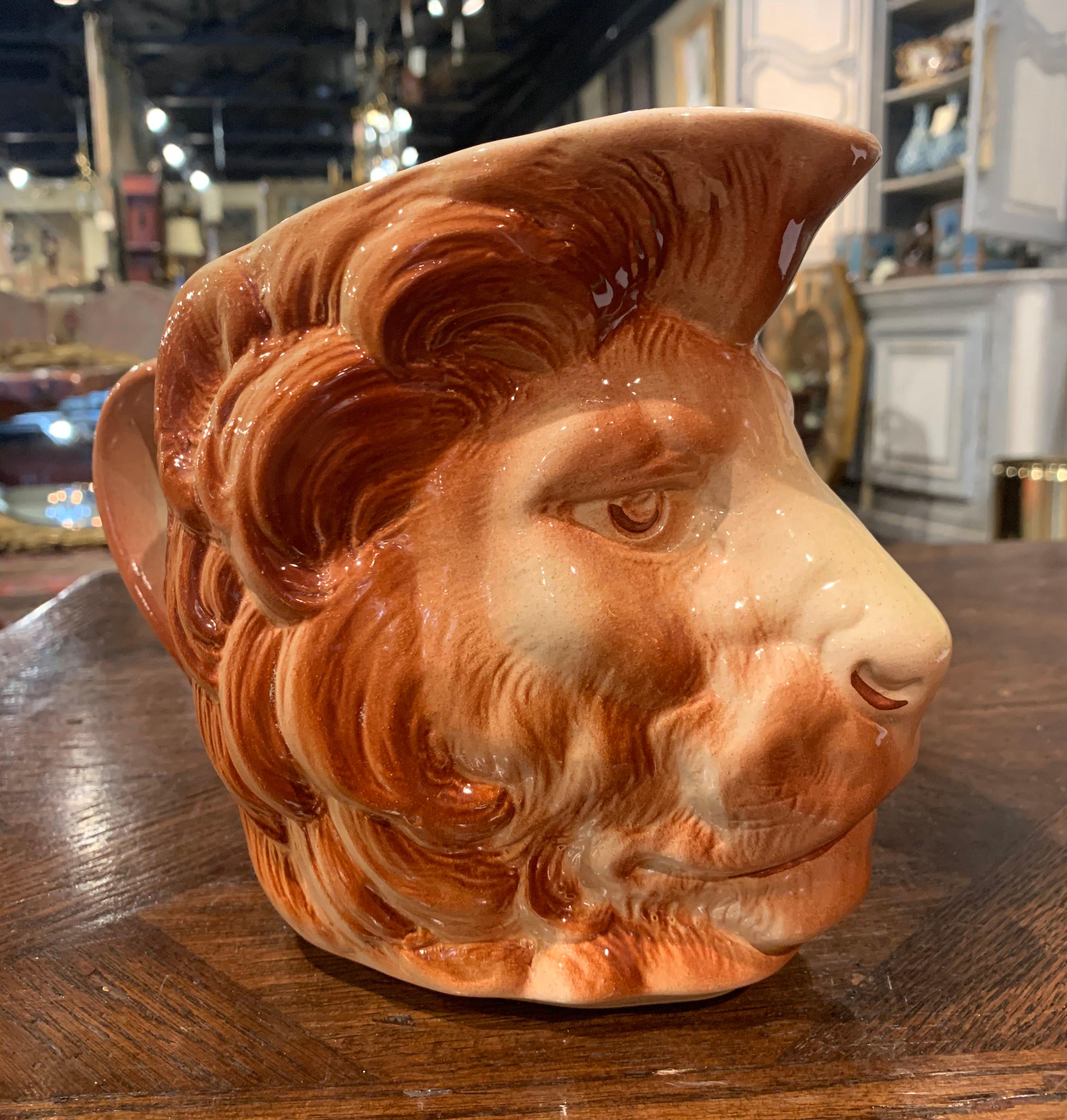Hand-Crafted Early 20th Century French Painted Barbotine Ceramic Lion Head Pitcher