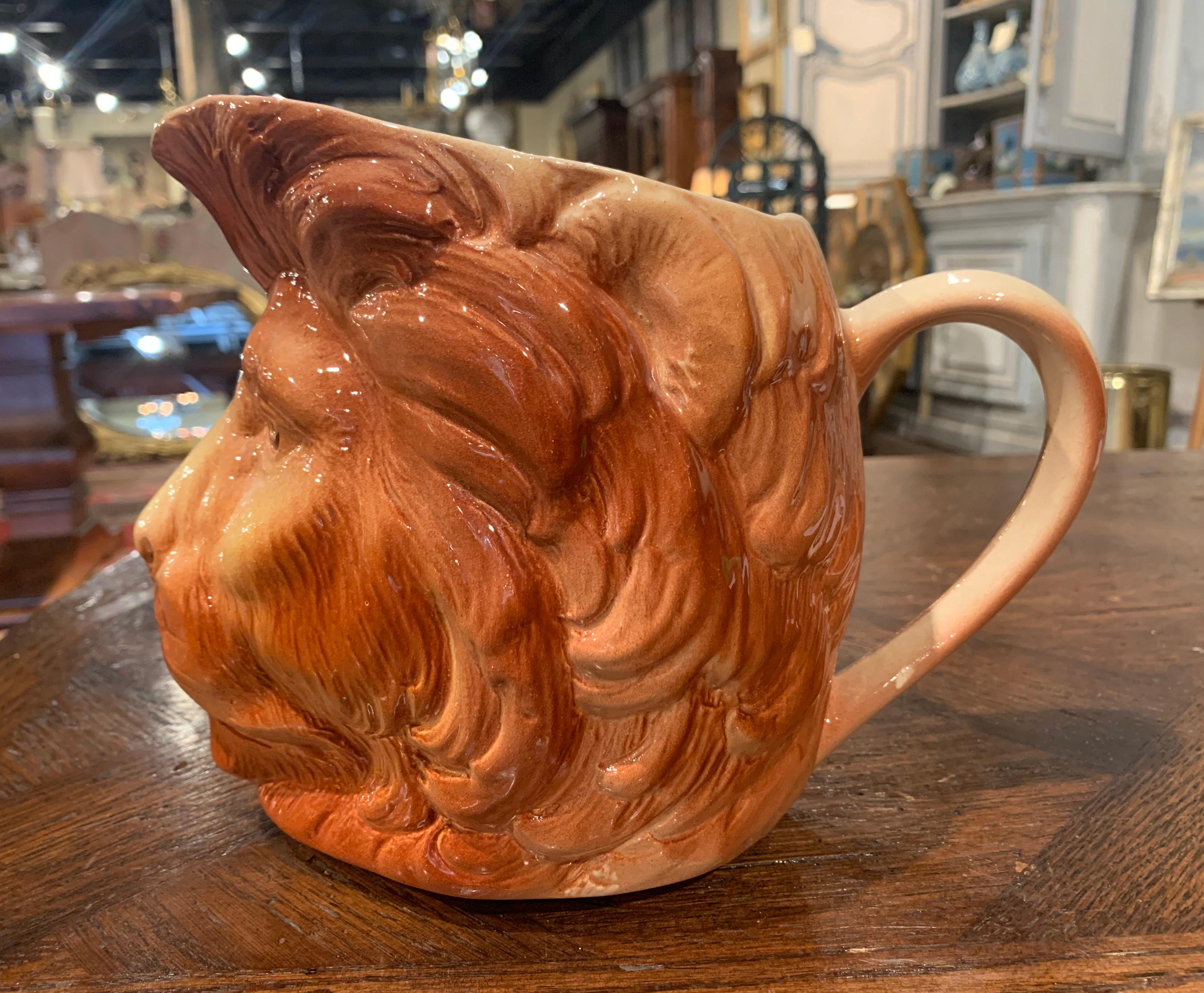 Early 20th Century French Painted Barbotine Ceramic Lion Head Pitcher In Excellent Condition In Dallas, TX
