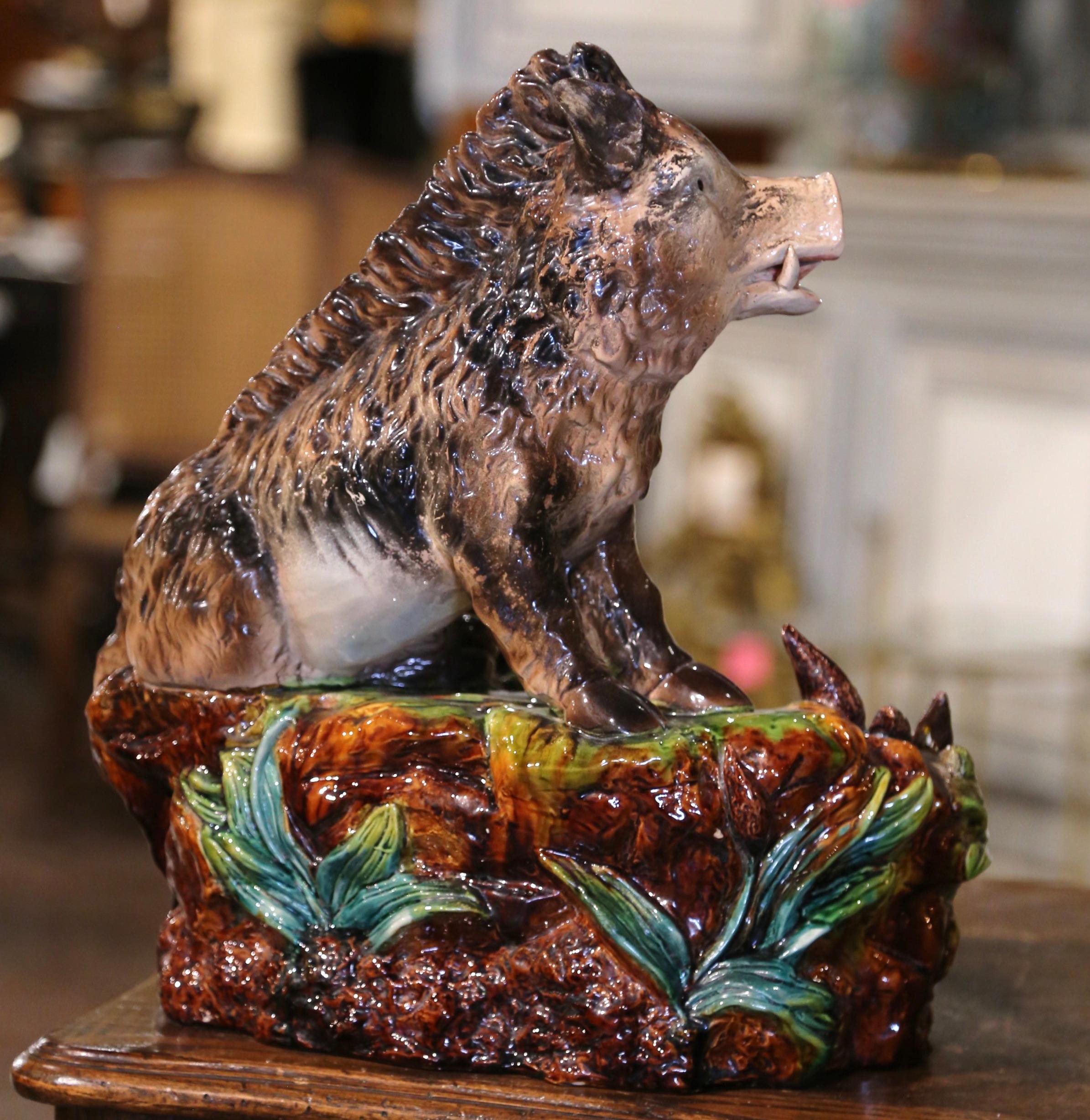 Early 20th Century French Painted Barbotine Planter Composition with Boar Decor For Sale 5