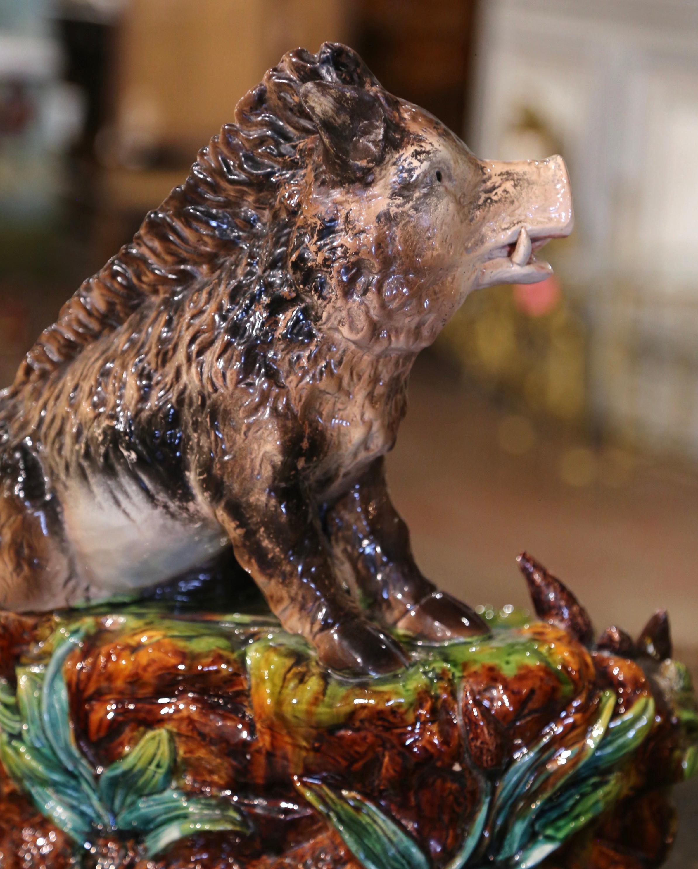 Early 20th Century French Painted Barbotine Planter Composition with Boar Decor For Sale 6