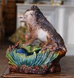 Early 20th Century French Painted Barbotine Planter Composition with Boar Decor