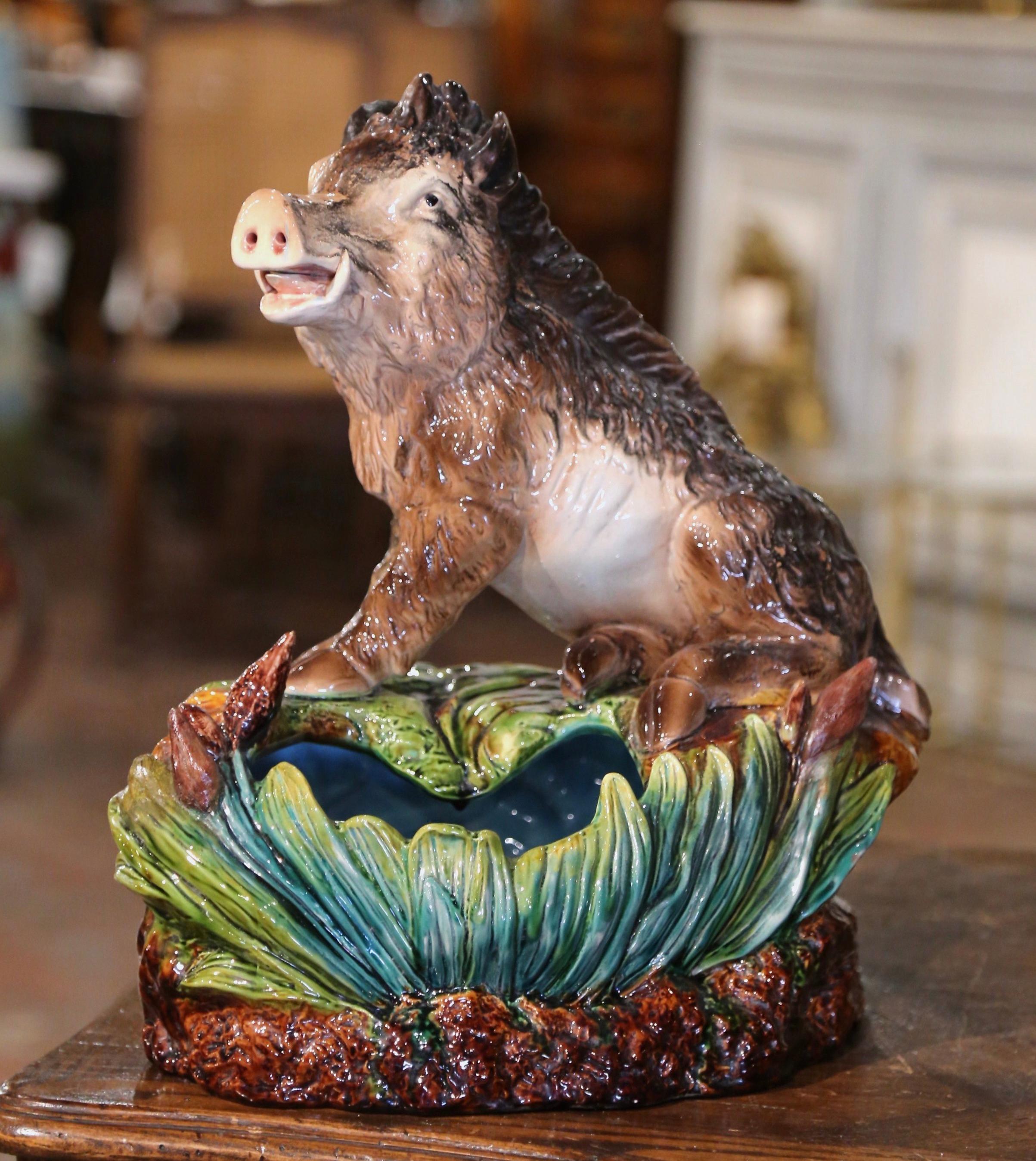 Ceramic Early 20th Century French Painted Barbotine Planter Composition with Boar Decor For Sale
