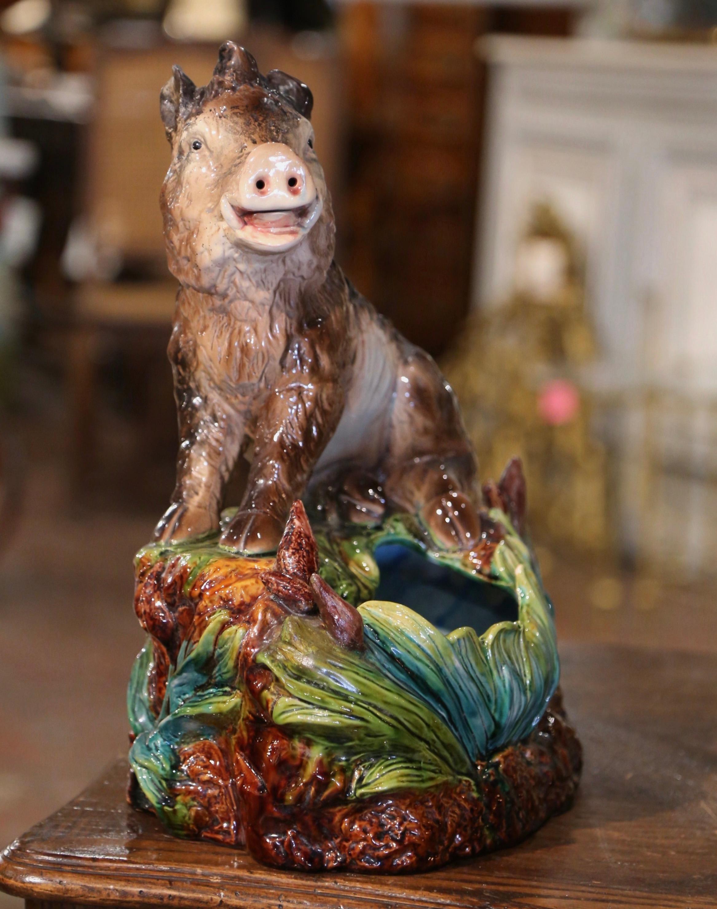 Early 20th Century French Painted Barbotine Planter Composition with Boar Decor For Sale 1