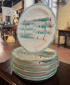 Early 20th Century French Painted Ceramic Barbotine Asparagus Plates, Set of 6