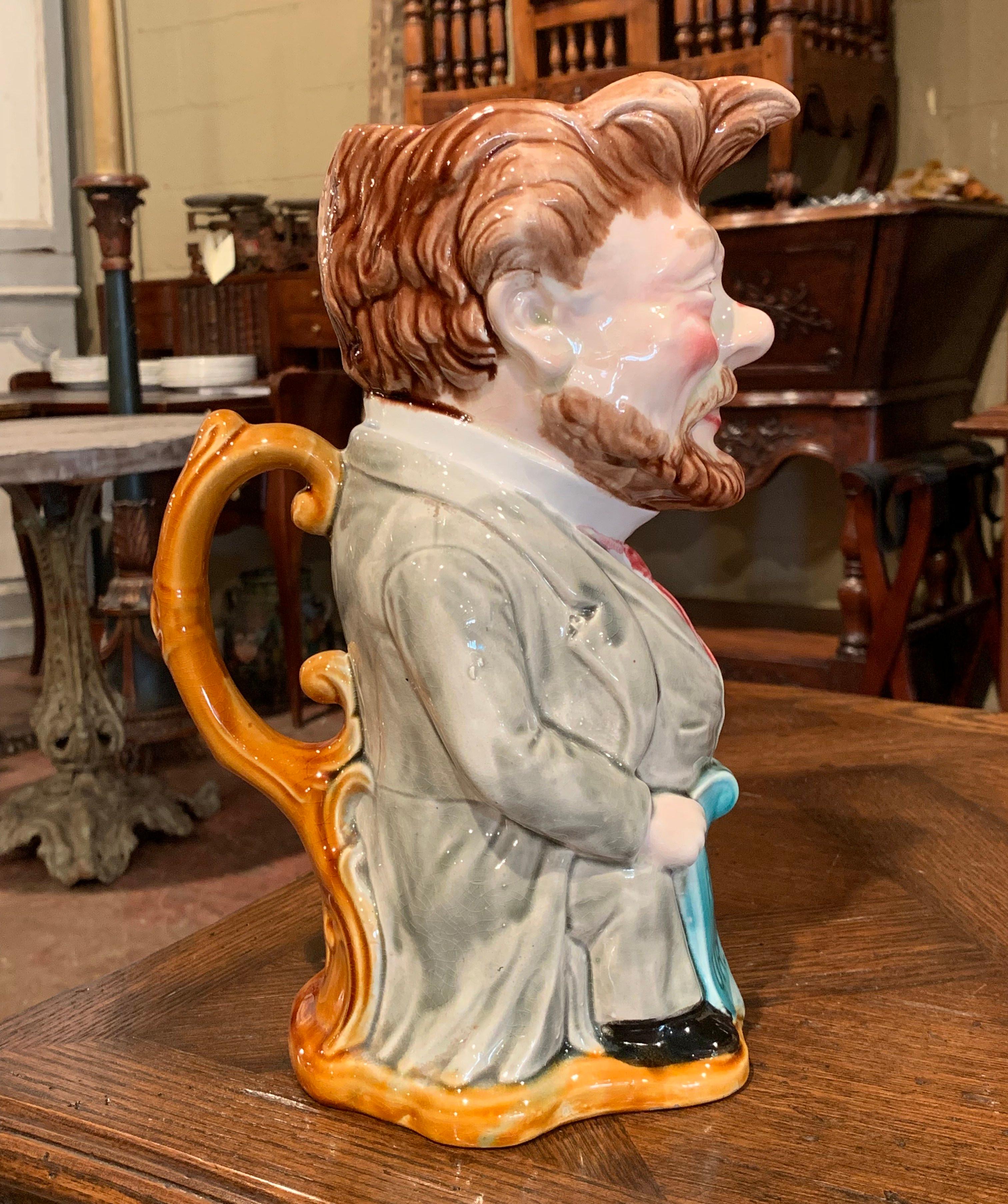 Early 20th Century French Painted Ceramic Barbotine Figure Pitcher by Onnaing In Excellent Condition For Sale In Dallas, TX