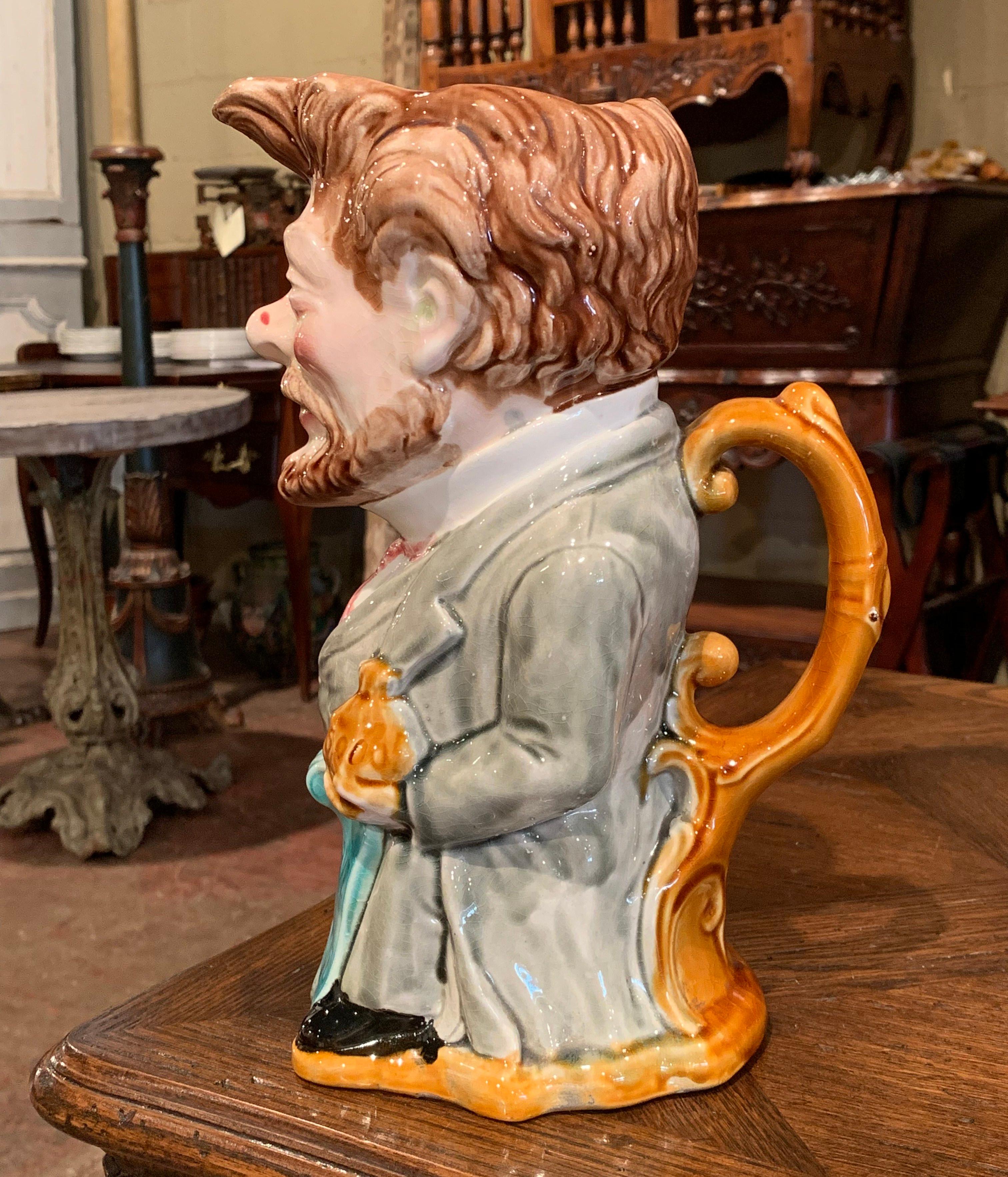 Early 20th Century French Painted Ceramic Barbotine Figure Pitcher by Onnaing For Sale 2