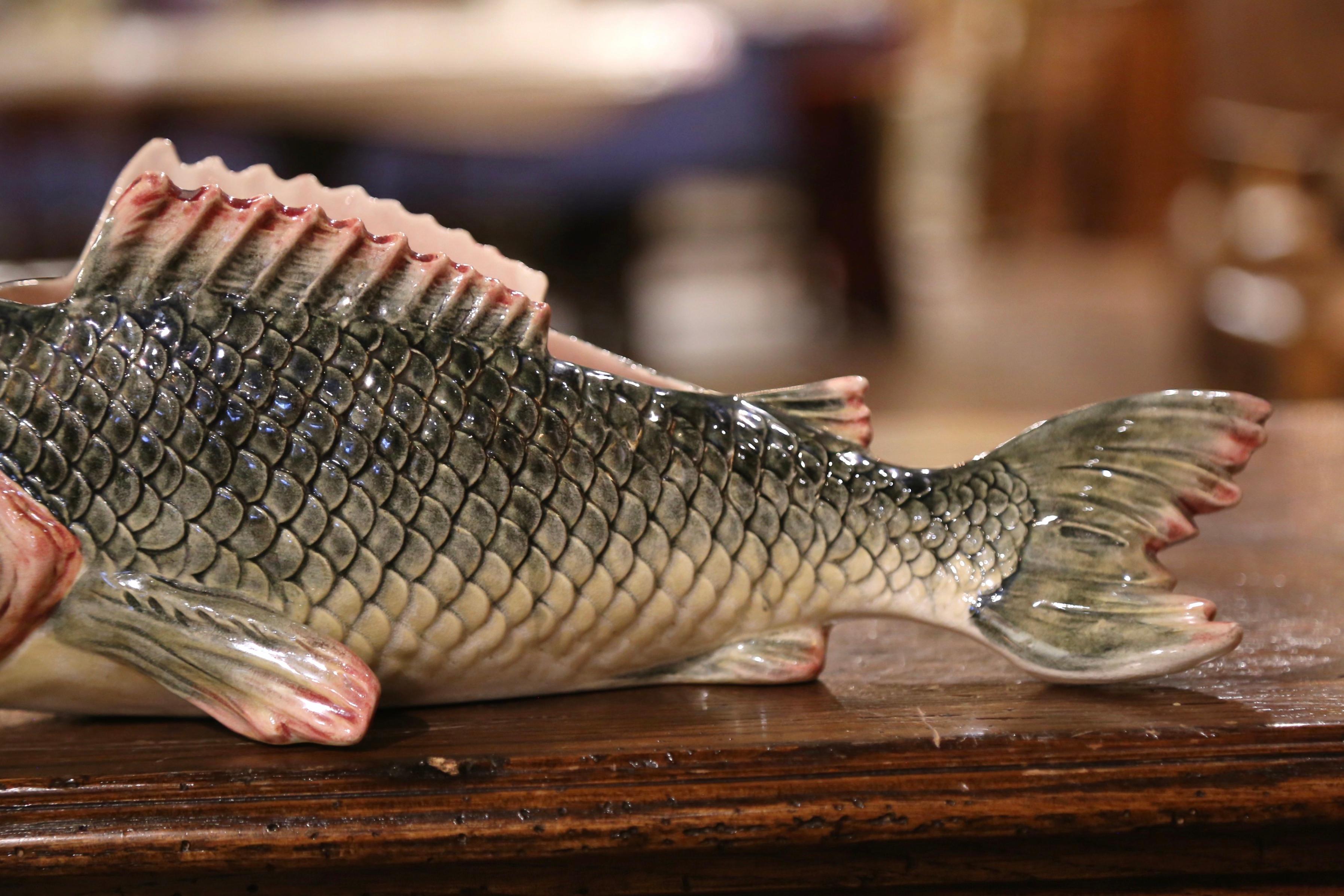 Early 20th Century French Painted Ceramic Barbotine Fish Form Vase In Excellent Condition In Dallas, TX
