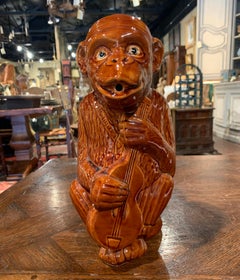 Early 20th Century French Painted Ceramic Barbotine Monkey Pitcher