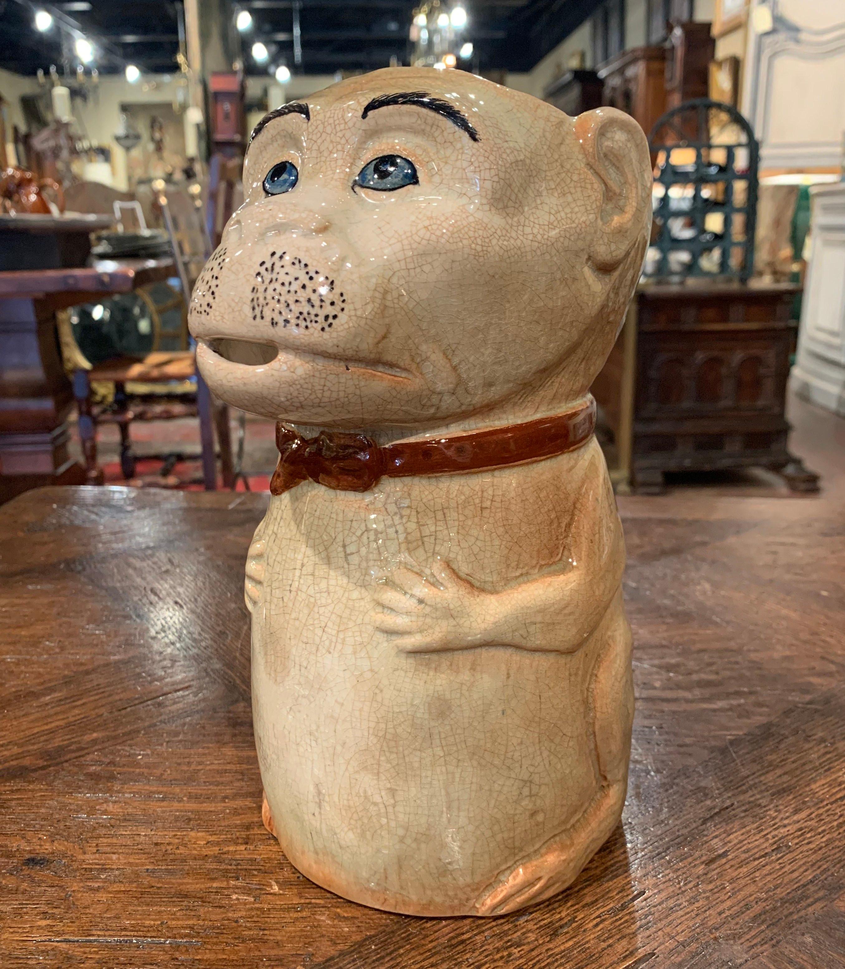 Early 20th Century French Painted Ceramic Barbotine Monkey Pitcher In Excellent Condition In Dallas, TX