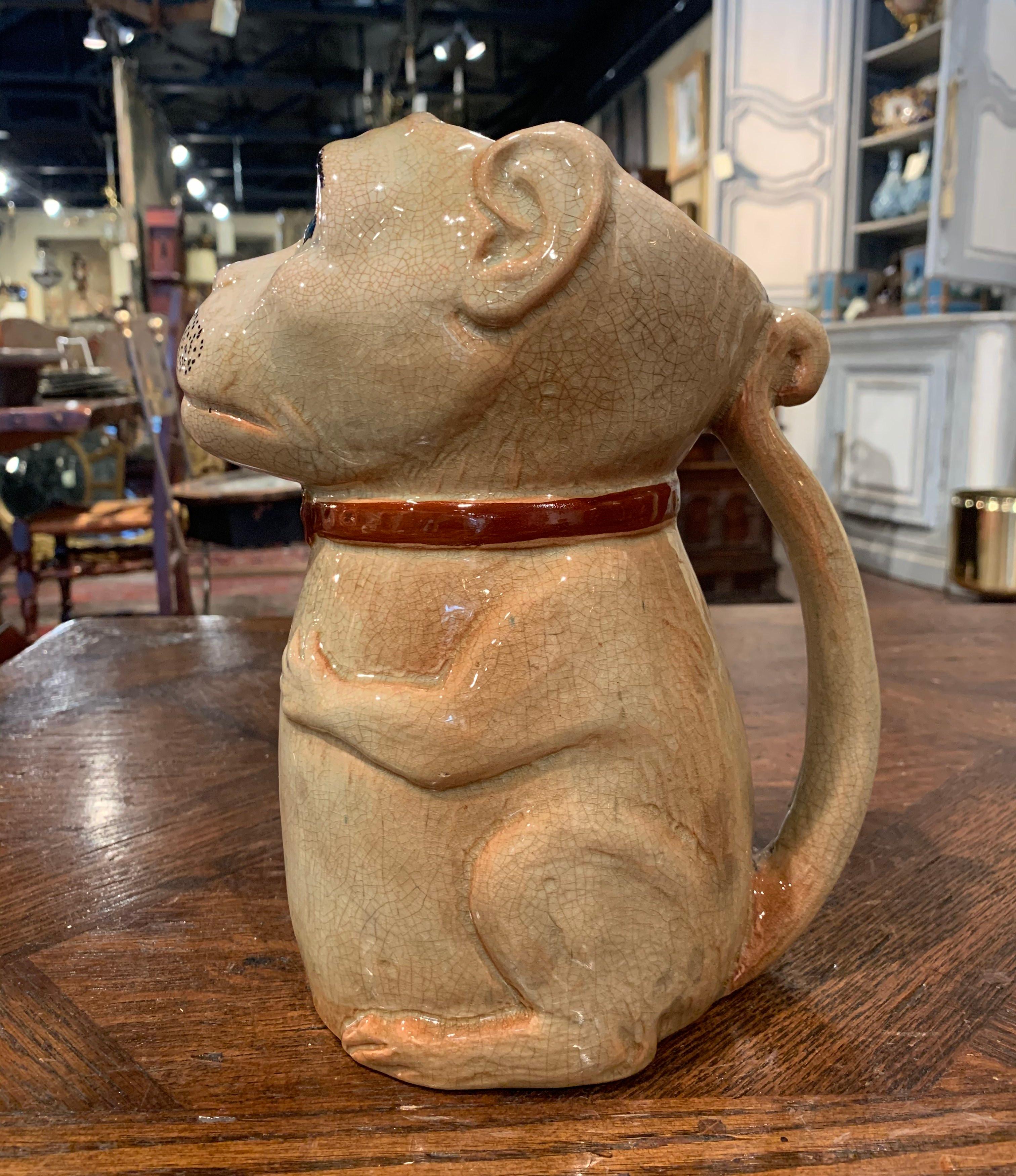 Early 20th Century French Painted Ceramic Barbotine Monkey Pitcher 2