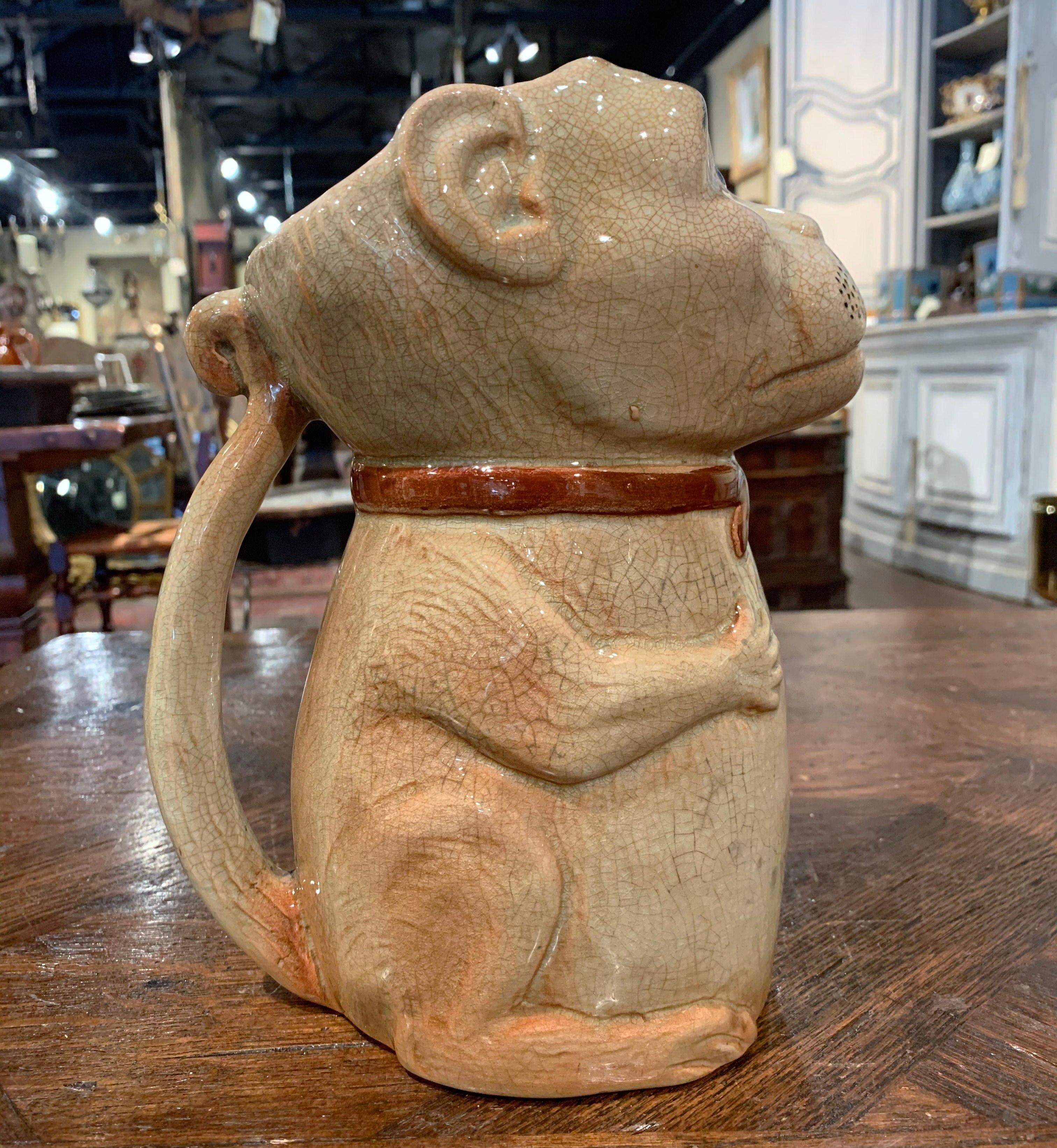 Early 20th Century French Painted Ceramic Barbotine Monkey Pitcher 3