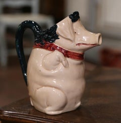 Early 20th Century French Painted Ceramic Barbotine Pig Pitcher Signed Orchies