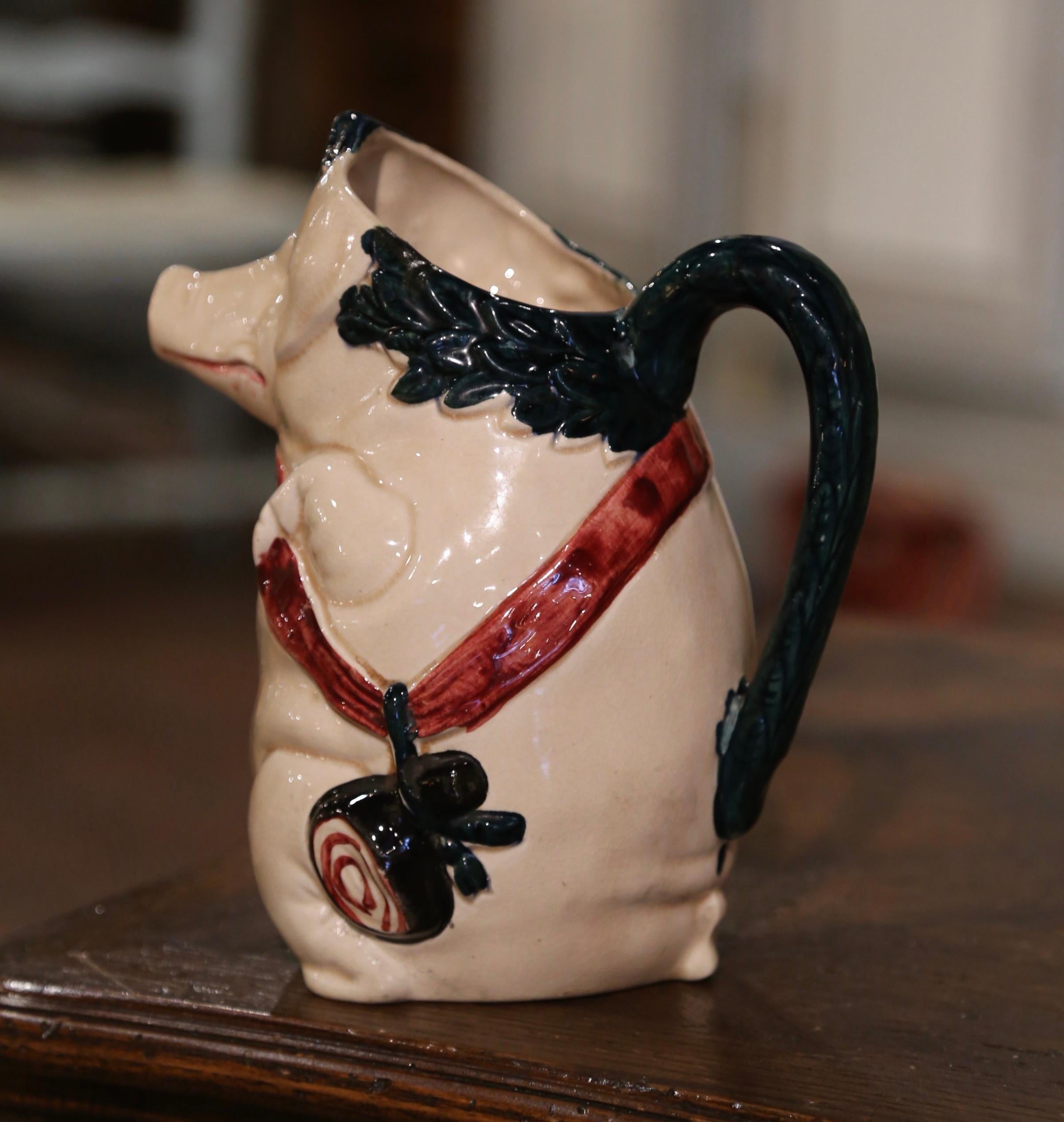 Early 20th Century French Painted Ceramic Barbotine Pig Pitcher Signed Orchies In Excellent Condition For Sale In Dallas, TX
