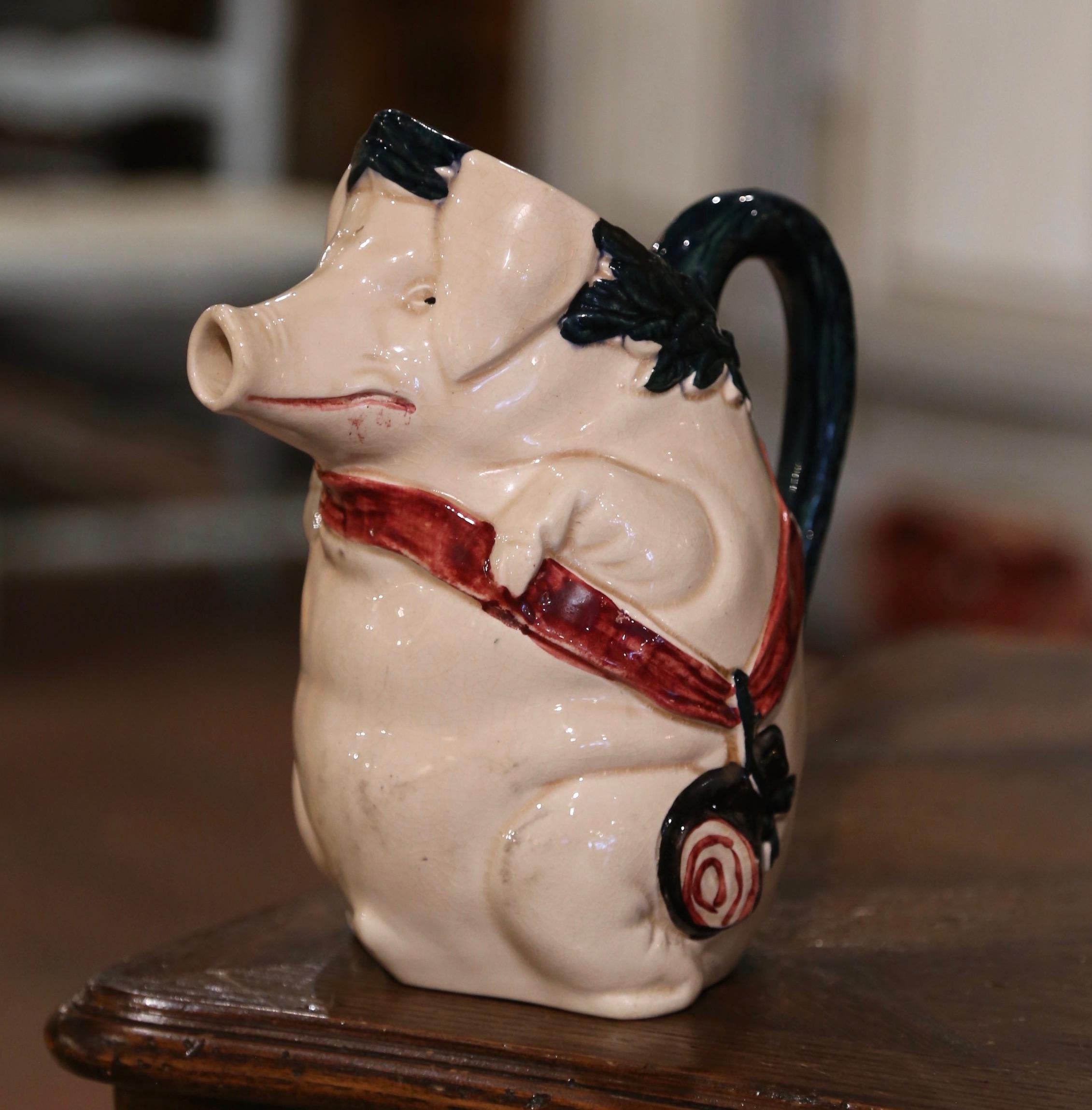 Early 20th Century French Painted Ceramic Barbotine Pig Pitcher Signed Orchies For Sale 1