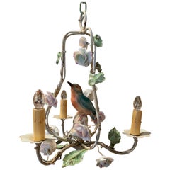 Early 20th Century French Painted Chandelier with Porcelain Bird and Flowers