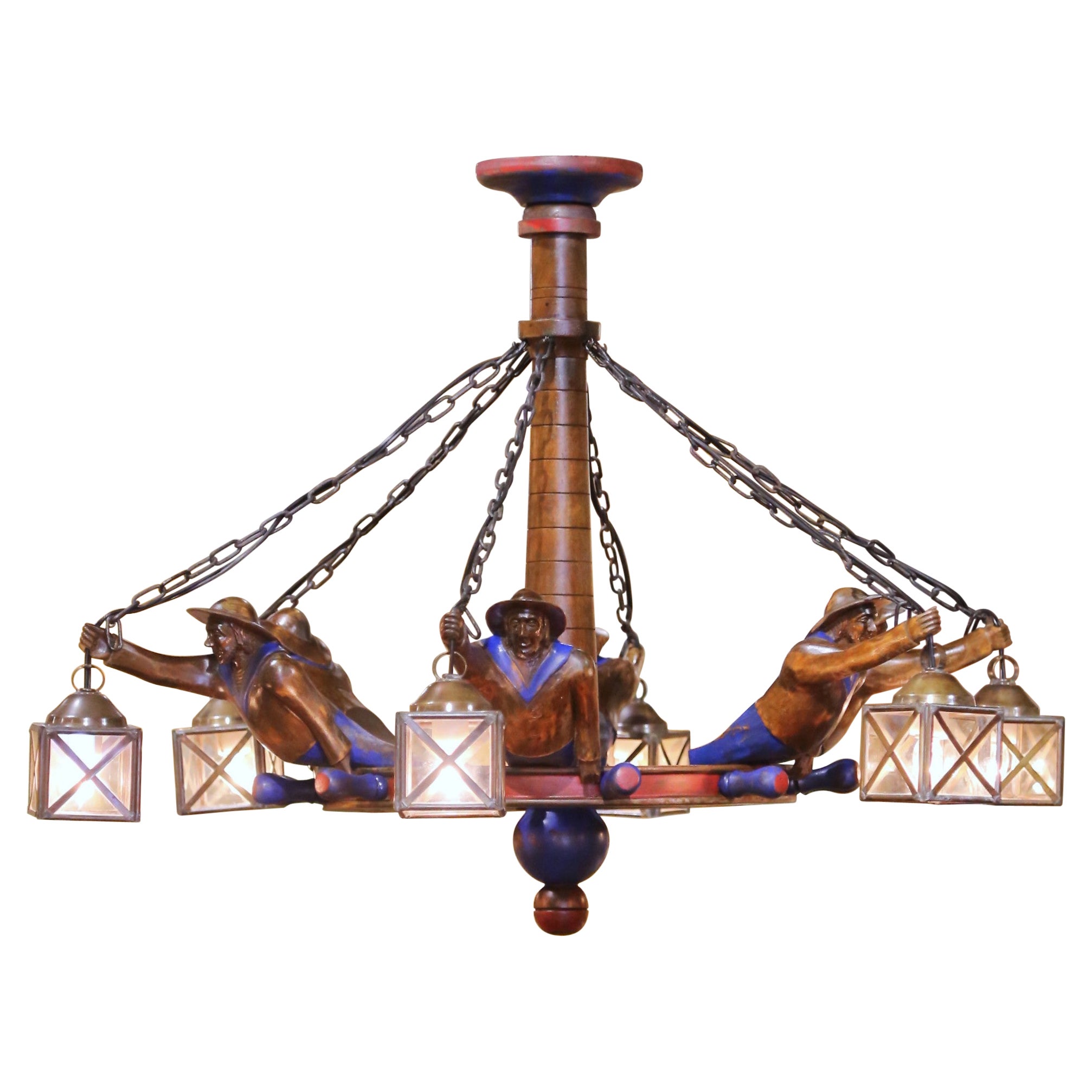 Early 20th Century French Painted Chestnut Six-Light Chandelier from Brittany