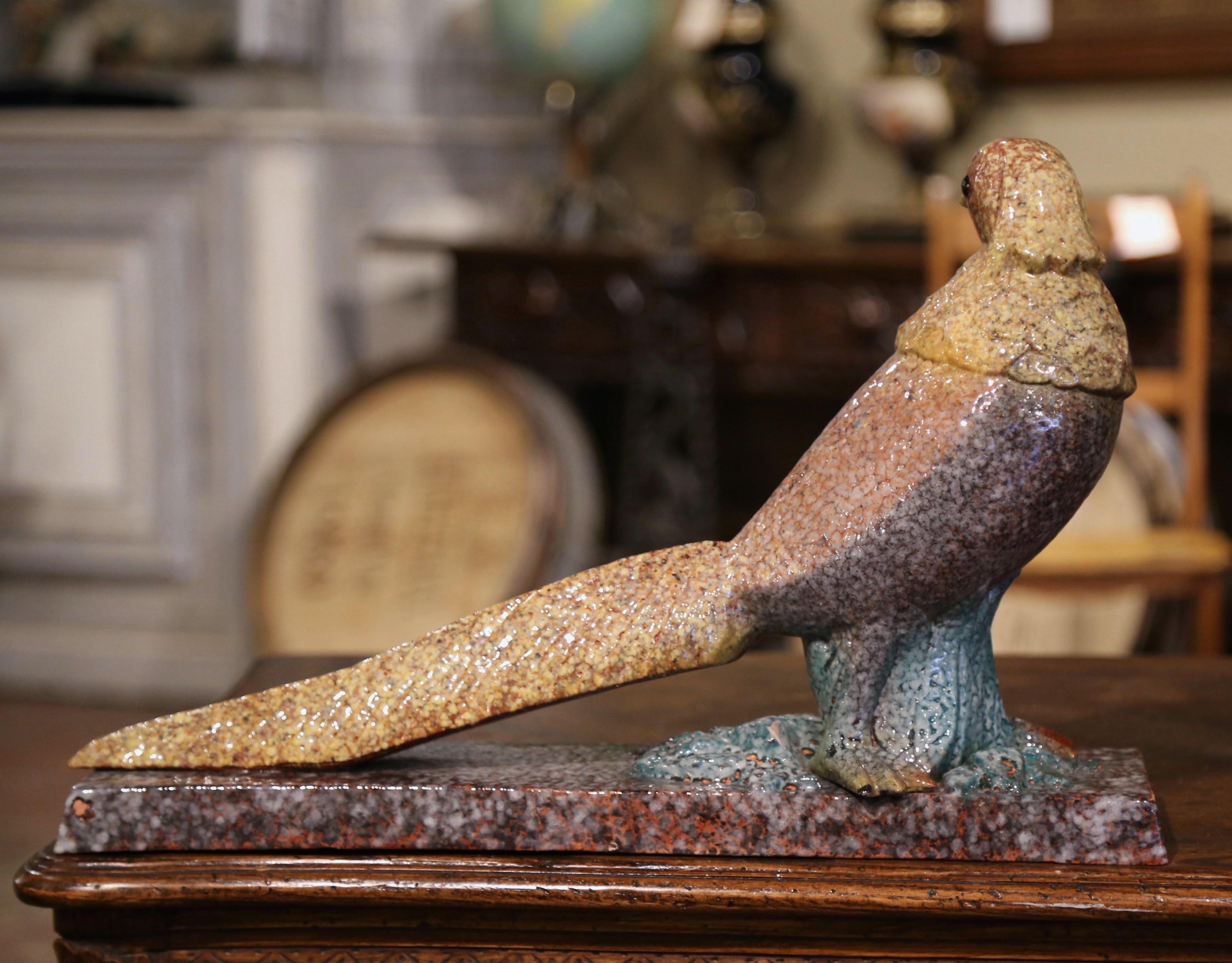 Early 20th Century French Painted Faience Pheasant Sculpture Signed Louis Dage For Sale 2