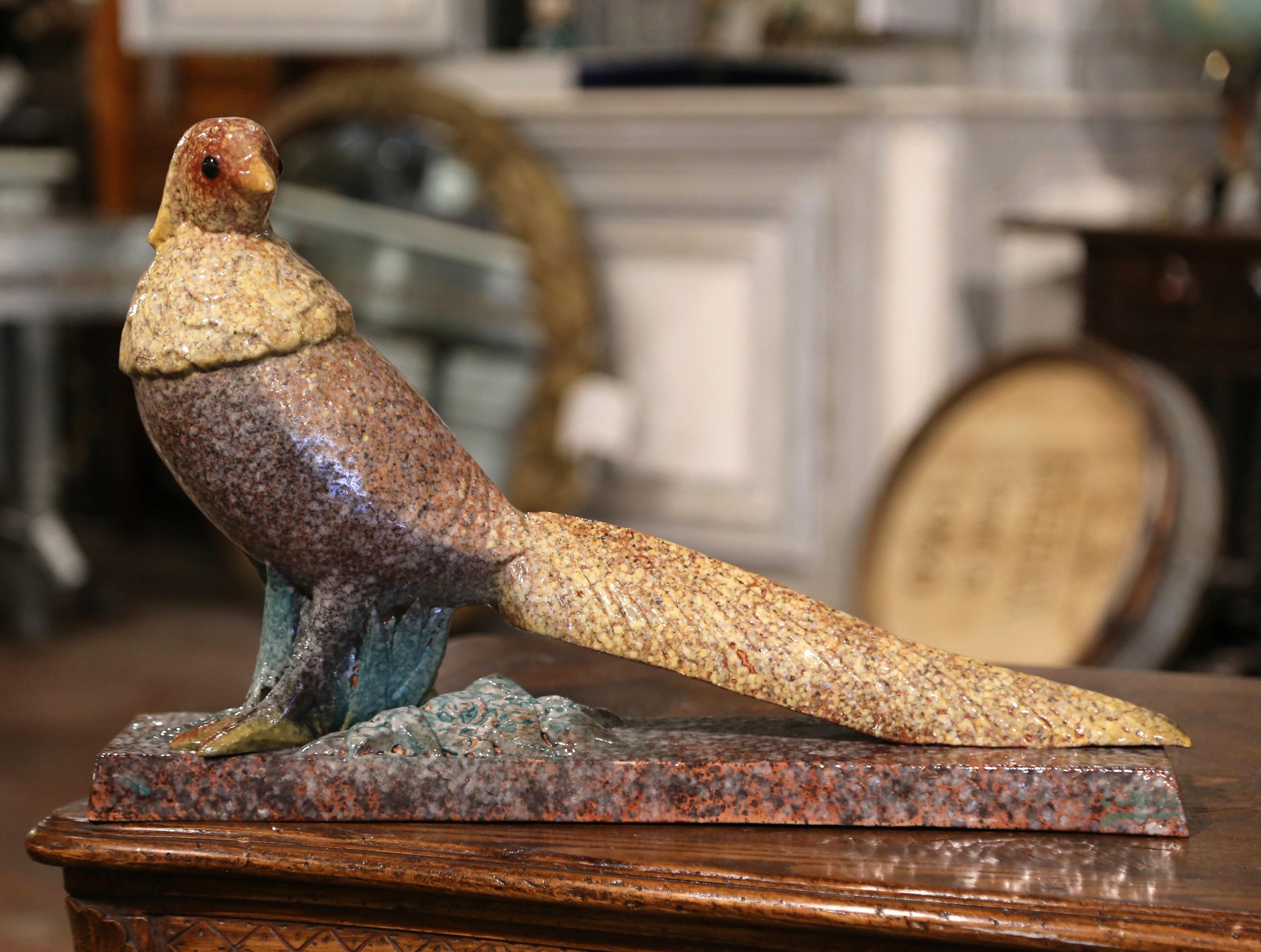 Art Deco Early 20th Century French Painted Faience Pheasant Sculpture Signed Louis Dage For Sale