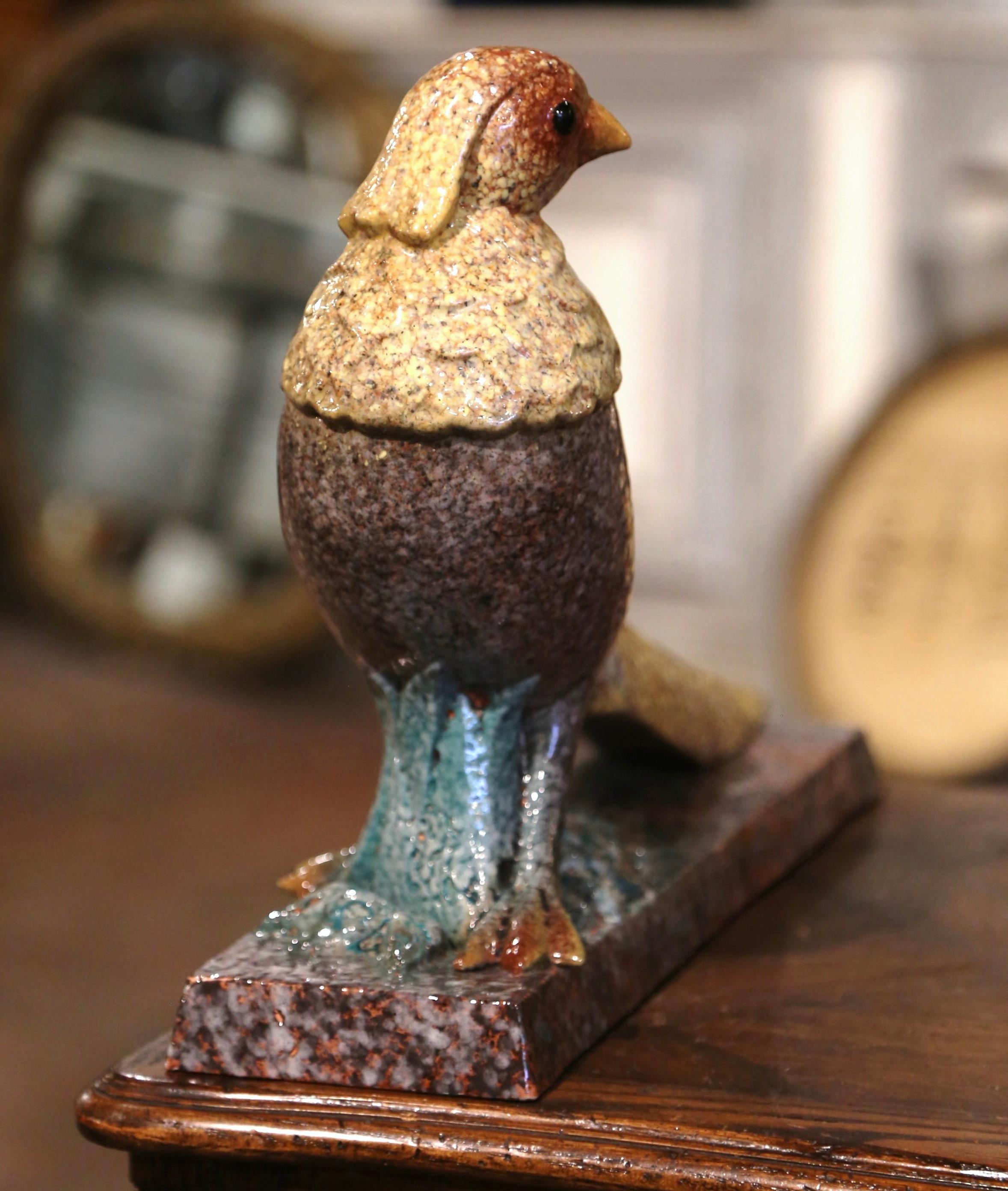 Early 20th Century French Painted Faience Pheasant Sculpture Signed Louis Dage In Excellent Condition For Sale In Dallas, TX