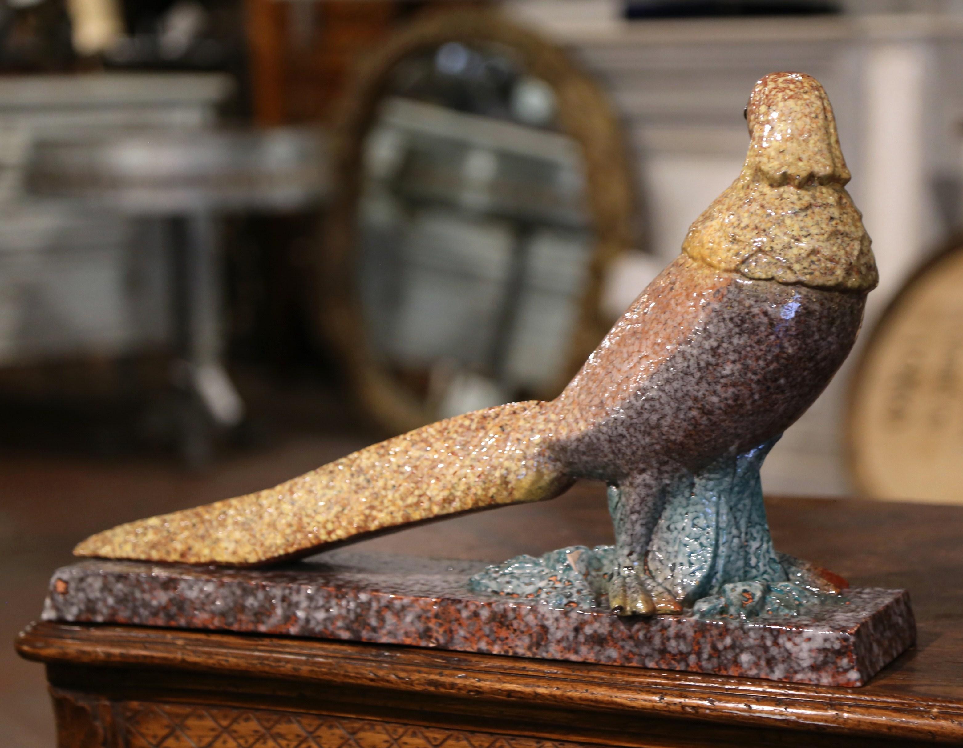 Ceramic Early 20th Century French Painted Faience Pheasant Sculpture Signed Louis Dage For Sale