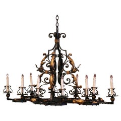 Early 20th Century French Painted & Gilt Iron Flat Bottom Ten-Light Chandelier