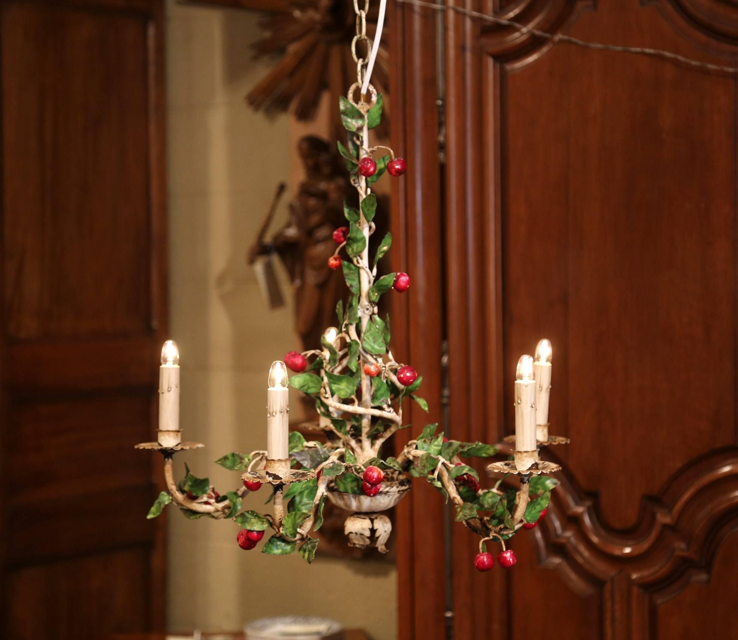 Patinated Early 20th Century French Painted Iron and Tole Chandelier with Cherries&Leaves